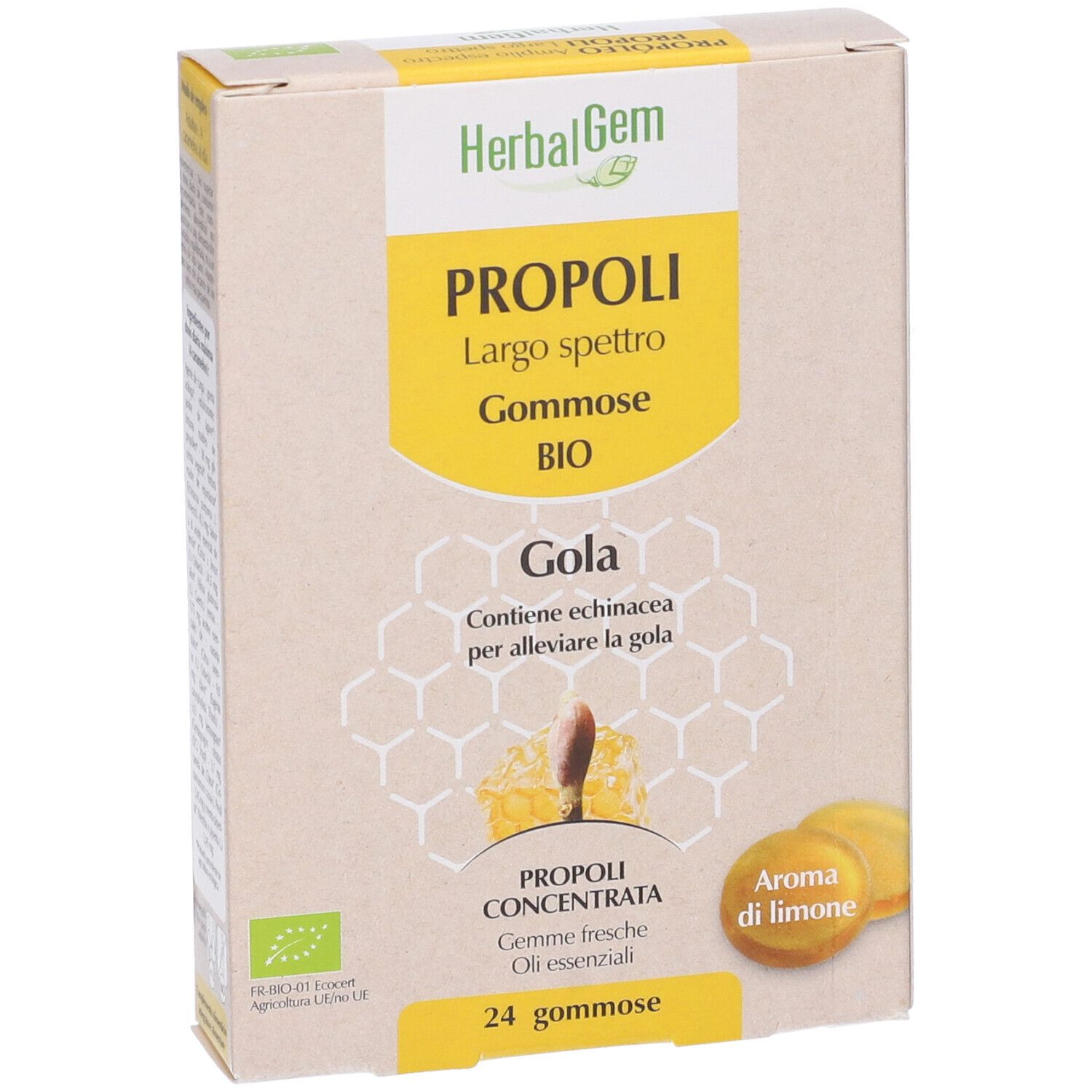 Scatola Herbalgem Propoli Gommose BIO. 24 caramelle gommose, gusto limone. Scritto: Propoli Largo Spettro. Certificazione BIO.