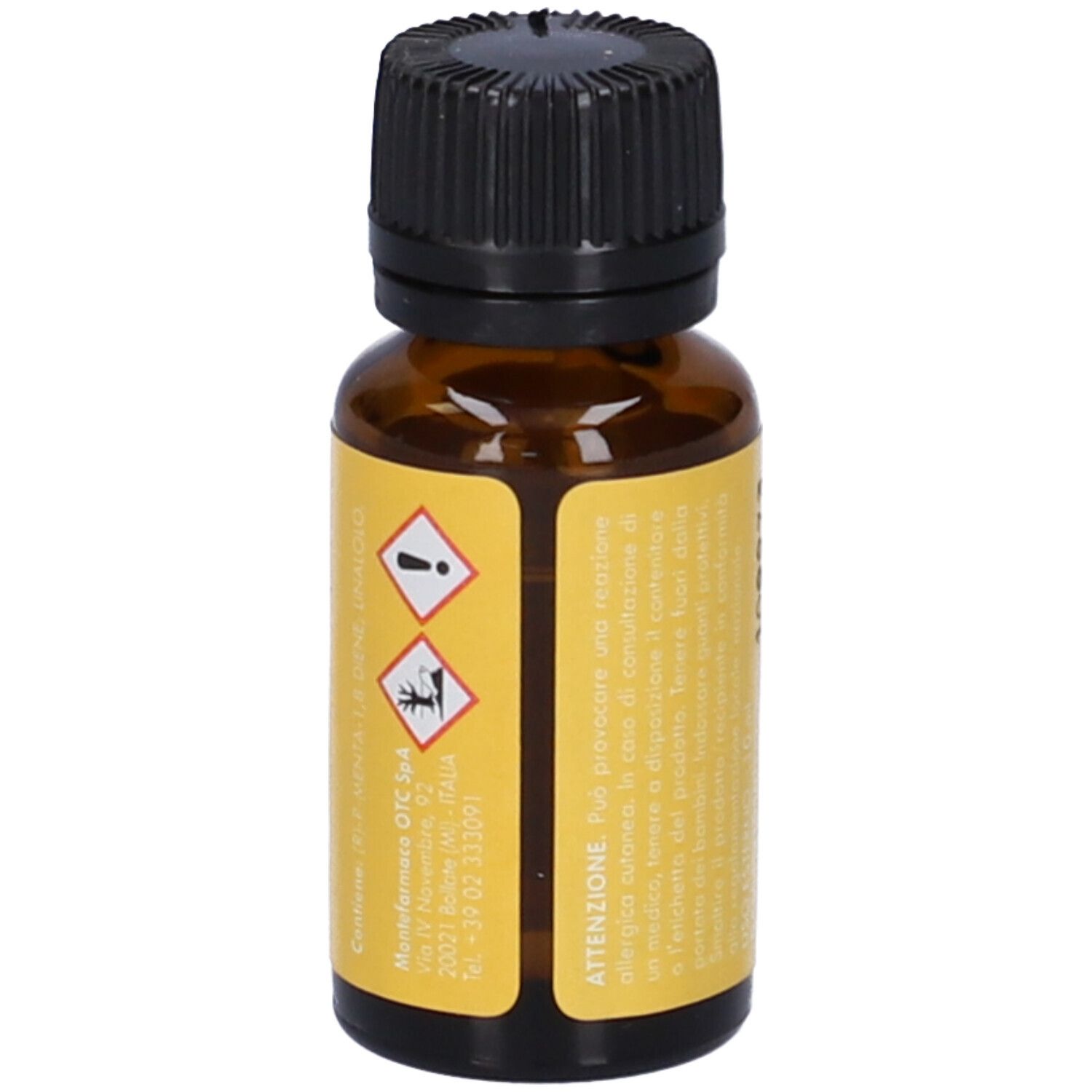 Flacone di vetro marrone con tappo nero ed etichetta gialla. Avvertenze e testo sul retro.