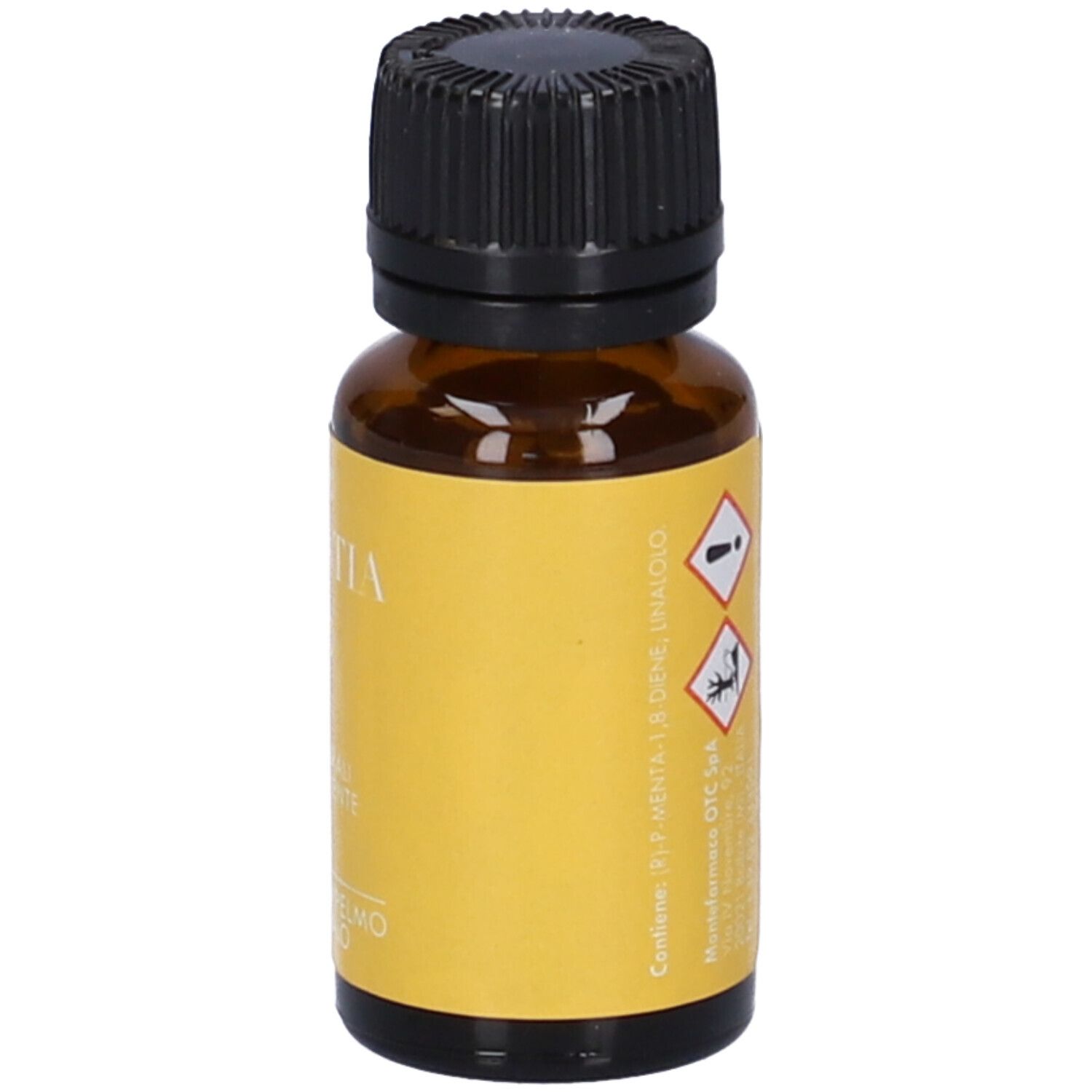 Flacone di vetro marrone con tappo nero ed etichetta gialla. Avvertenze e testo sul retro.