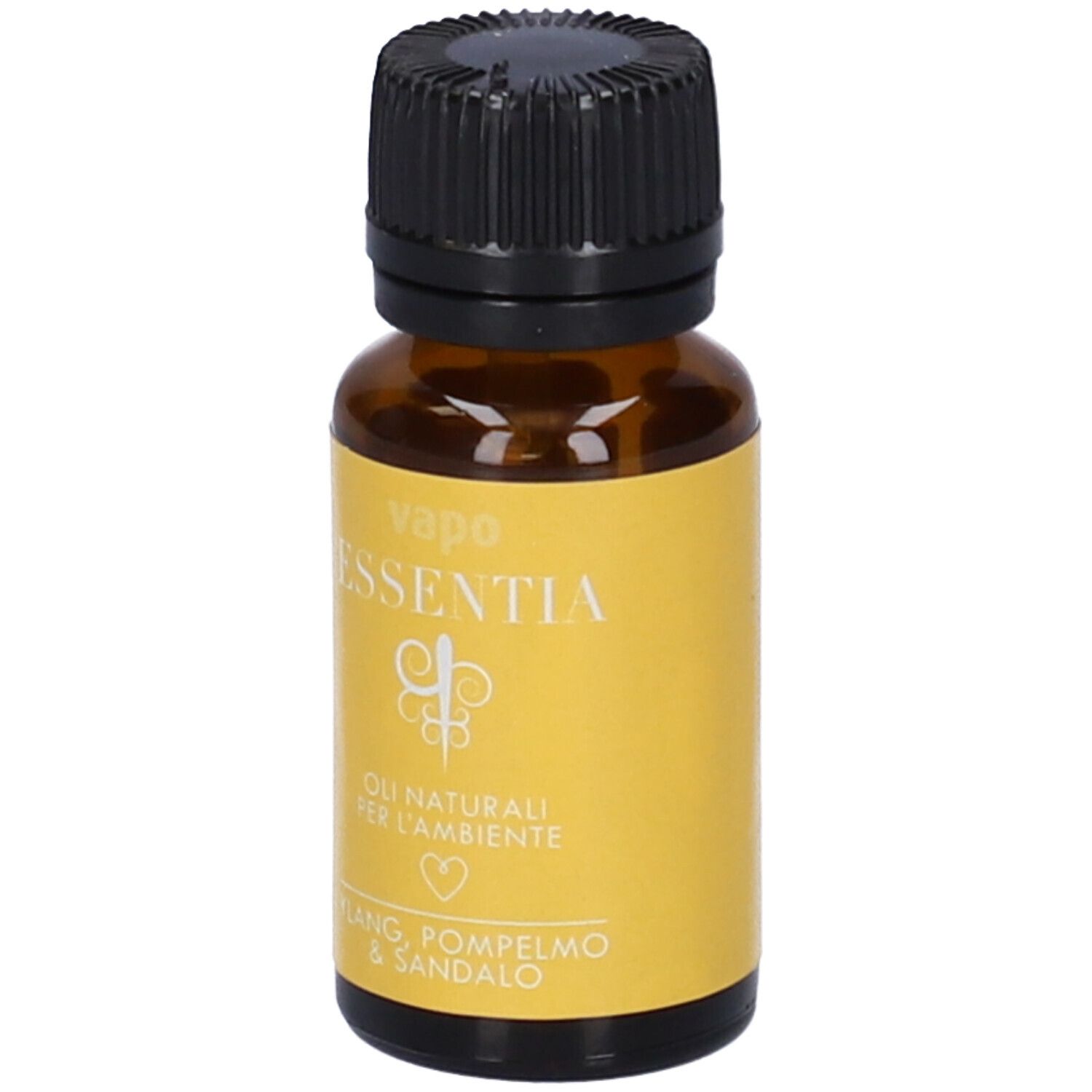 Flacone di vetro marrone con tappo nero ed etichetta gialla. Scritta: Essentia, Ylang, Pompelmo & Sandalo.