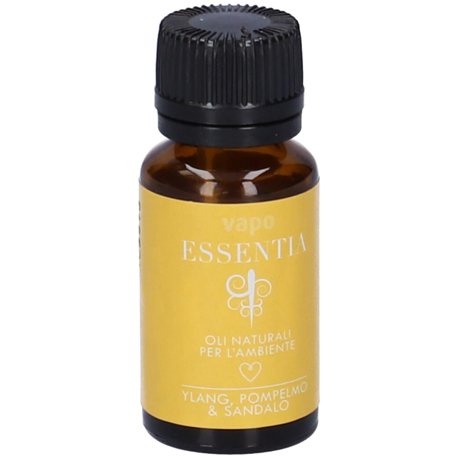 Flacone di vetro marrone con tappo nero ed etichetta gialla. Scritta: Essentia, Ylang, Pompelmo & Sandalo.