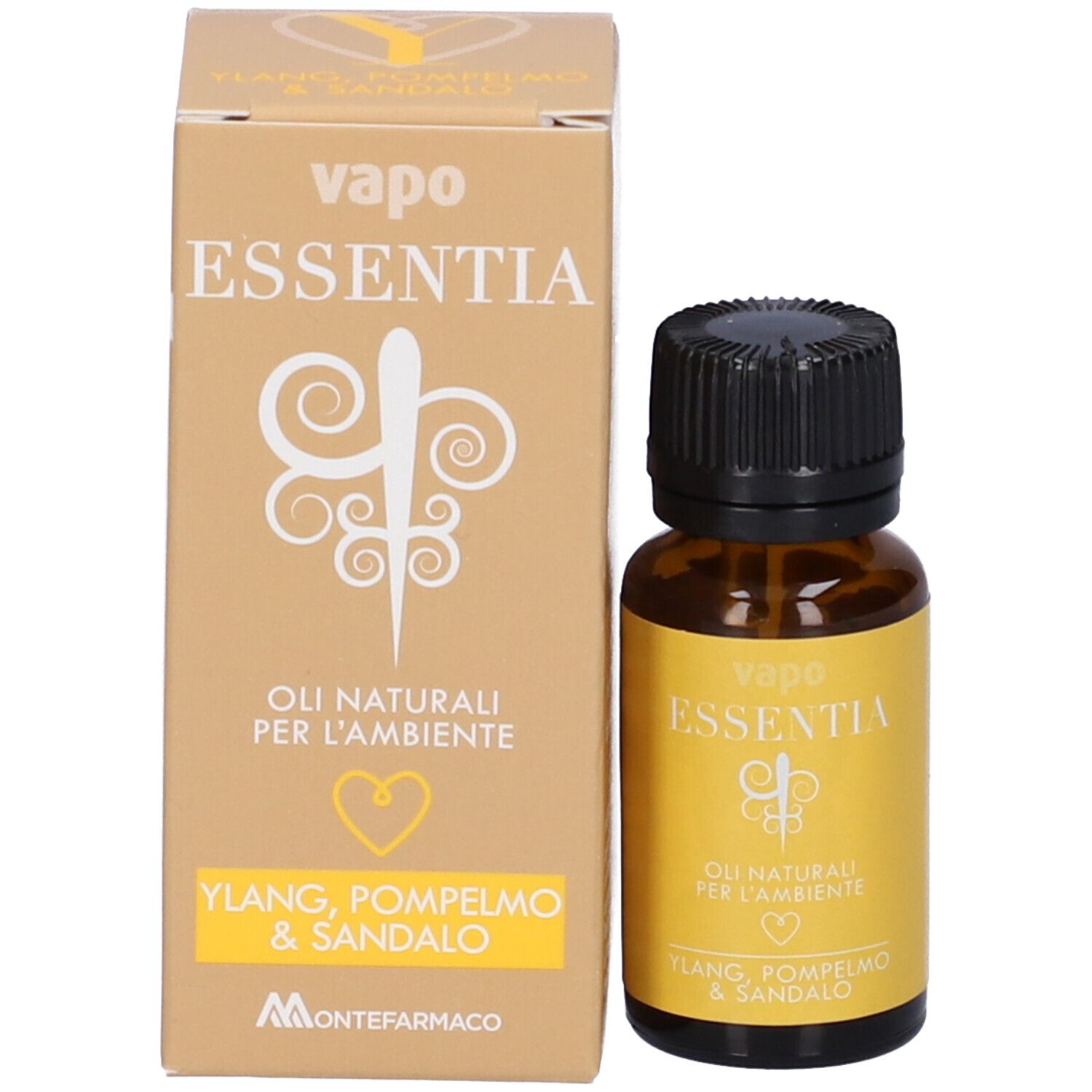 Flacone di vetro marrone e scatola. Scritta: Essentia, Ylang, Pompelmo & Sandalo. Scatola con logo.