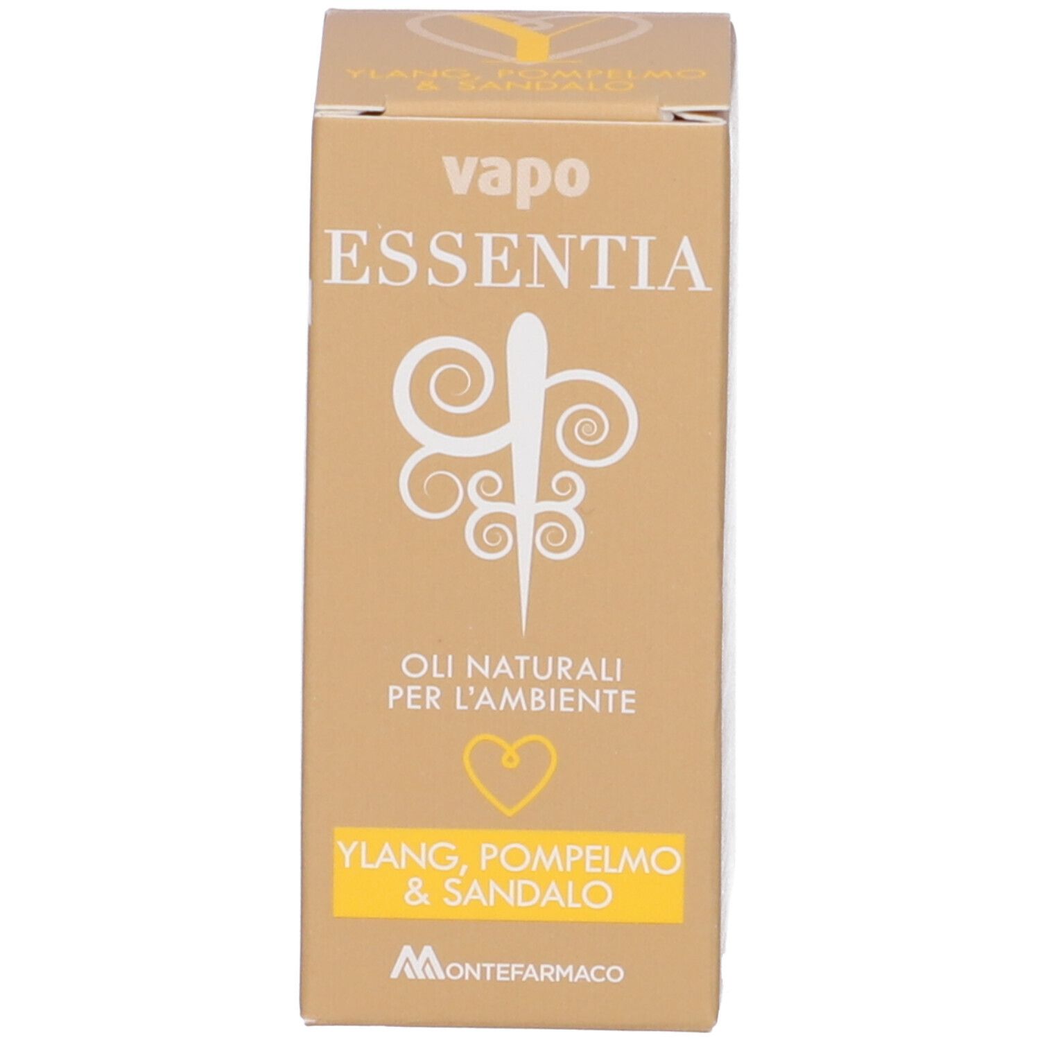 Scatola con scritta: Essentia, Ylang, Pompelmo & Sandalo. Logo e nomi dei prodotti.