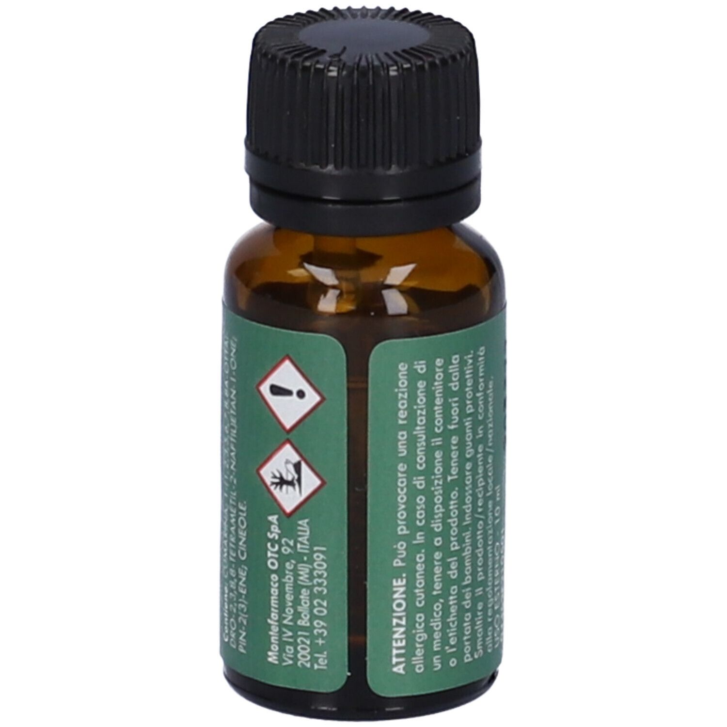 Flacone di vetro marrone con tappo nero ed etichetta verde. Testo e avvertenze in italiano. Logo.