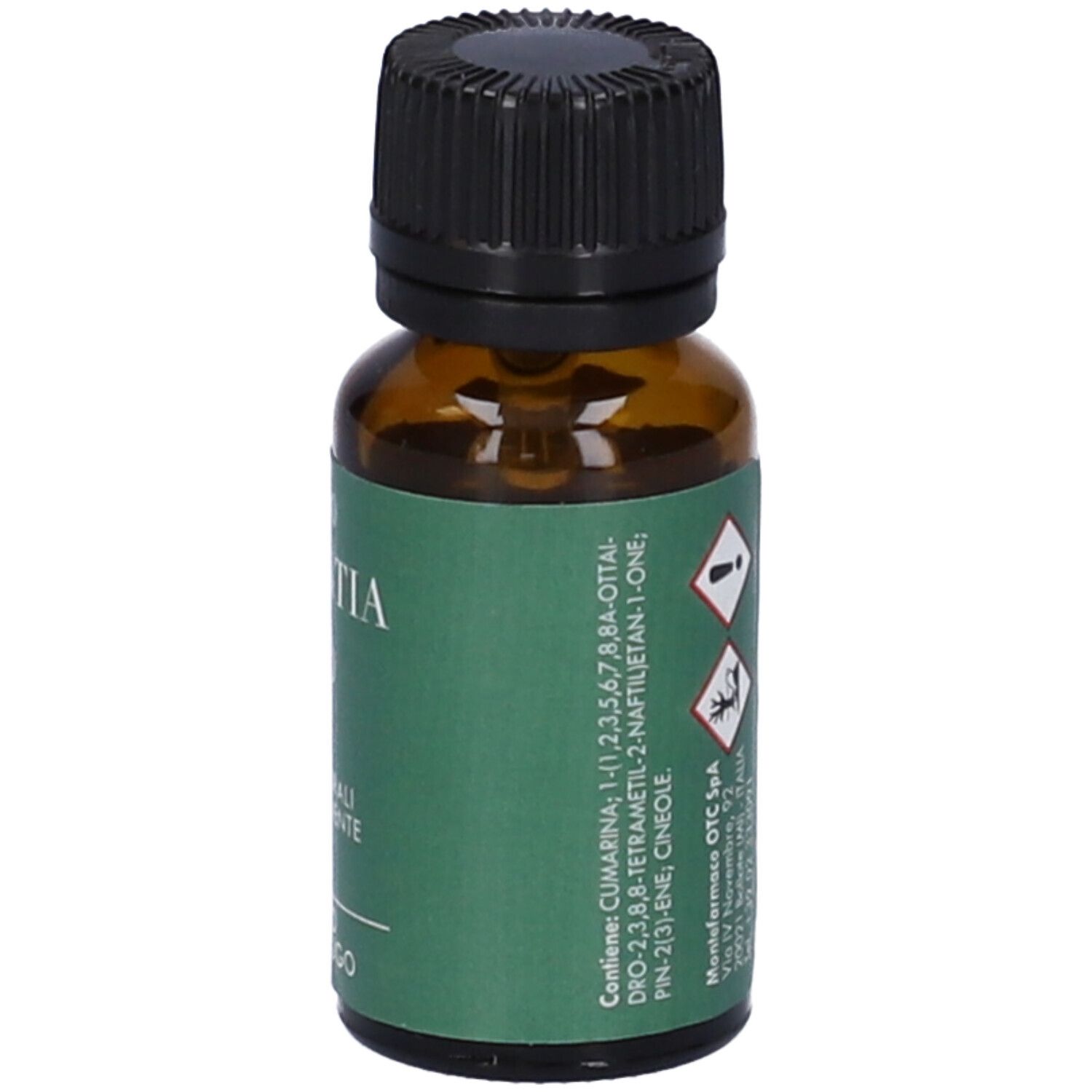 Flacone di vetro marrone con tappo nero ed etichetta verde. Testo in italiano. Ingredienti.