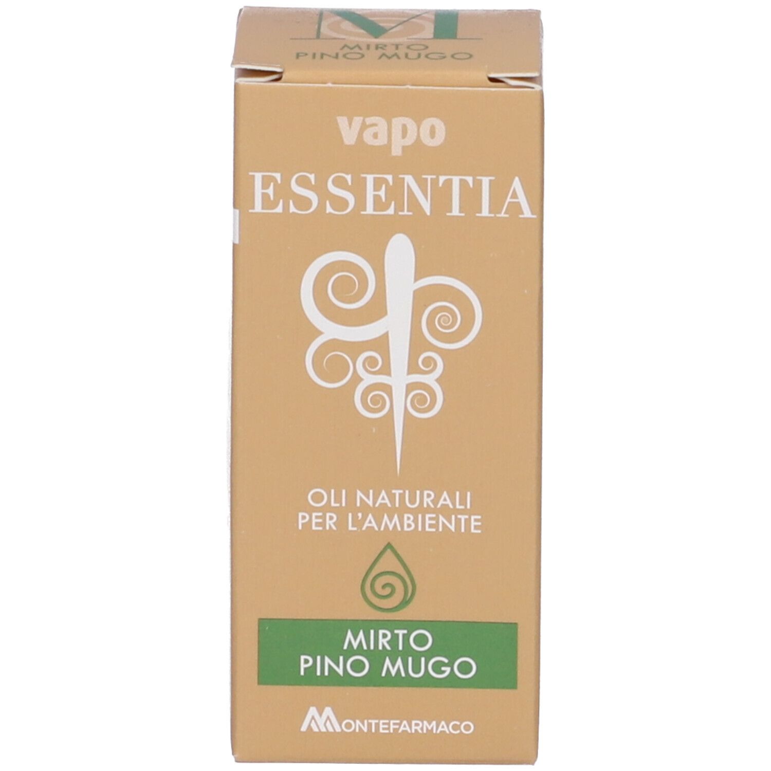 Scatola di cartone rettangolare con scritta: vapo ESSENTIA, Mirto Pino Mugo. Logo.