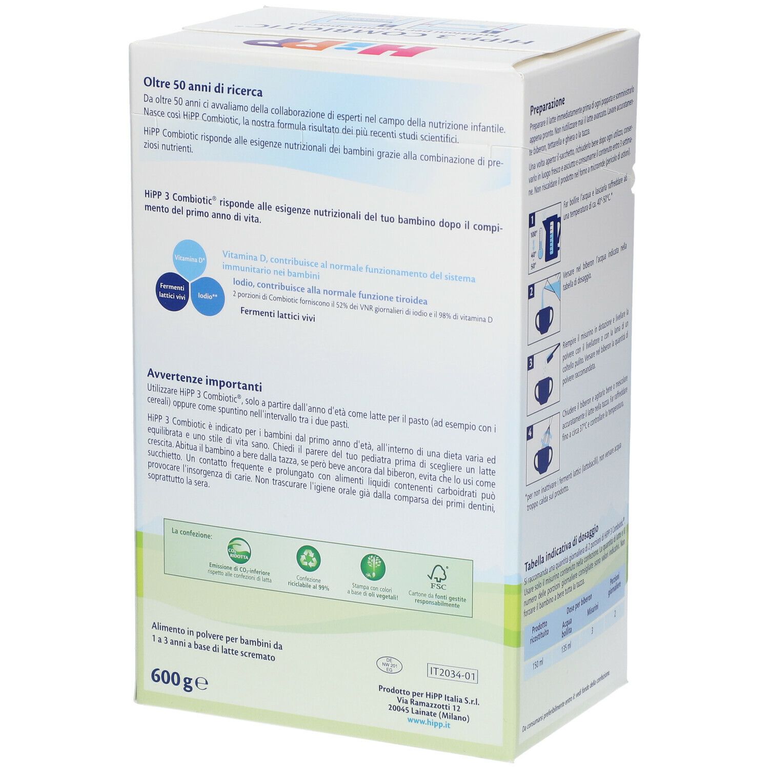 Confezione di HiPP Combiotic® 3. Scritta: 600g. Contiene informazioni sugli ingredienti e i valori nutrizionali. Illustrazione di loghi.