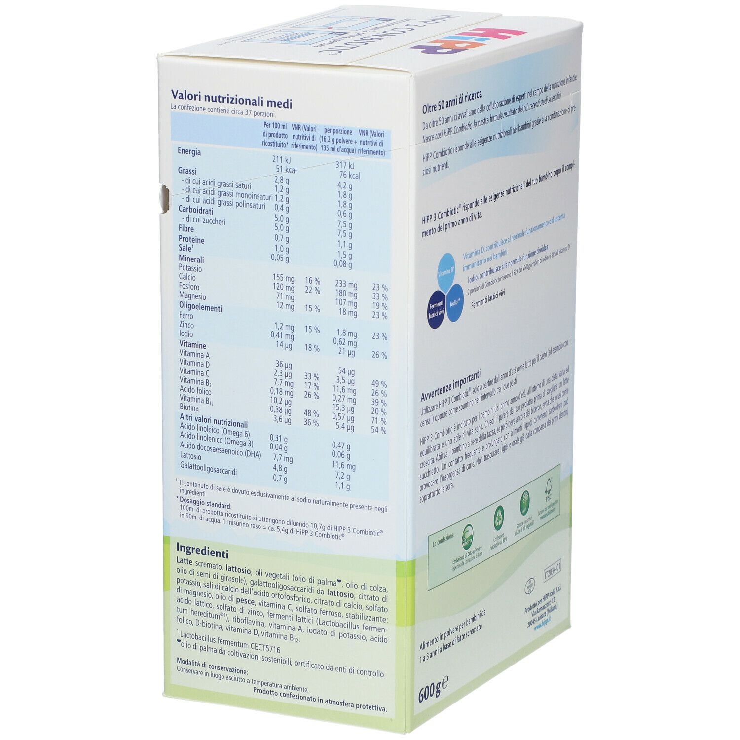 Confezione di HiPP Combiotic® 3. Contiene informazioni sui valori nutrizionali e gli ingredienti. Scritta: 600g.