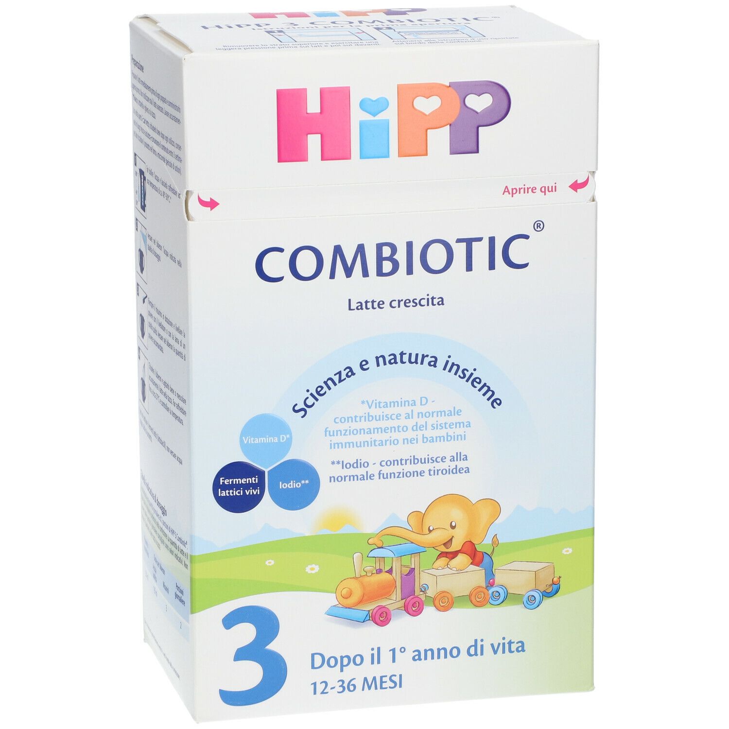 Confezione di HiPP Combiotic® 3. Scritta: Combiotic, Latte crescita, 3. Illustrazione di un elefante con un treno. Contiene vitamina D e iodio.