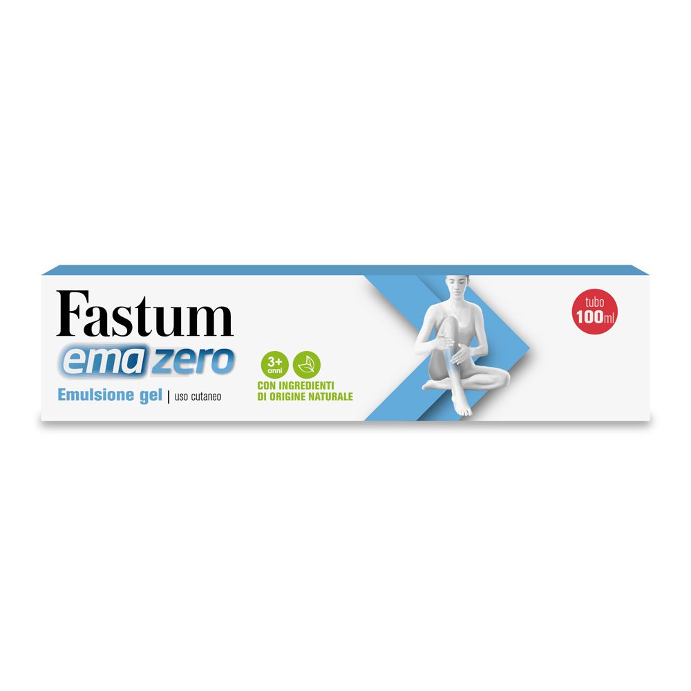 Scatola blu con scritta bianca: Fastum ema zero Emulsion gel. Con immagine di una persona.