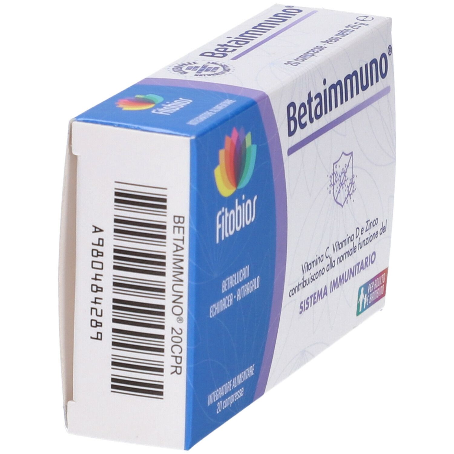 Scatola Betaimmuno, vista laterale. Scritte: Betaimmuno, FitoBios. Codice a barre e informazioni prodotto.