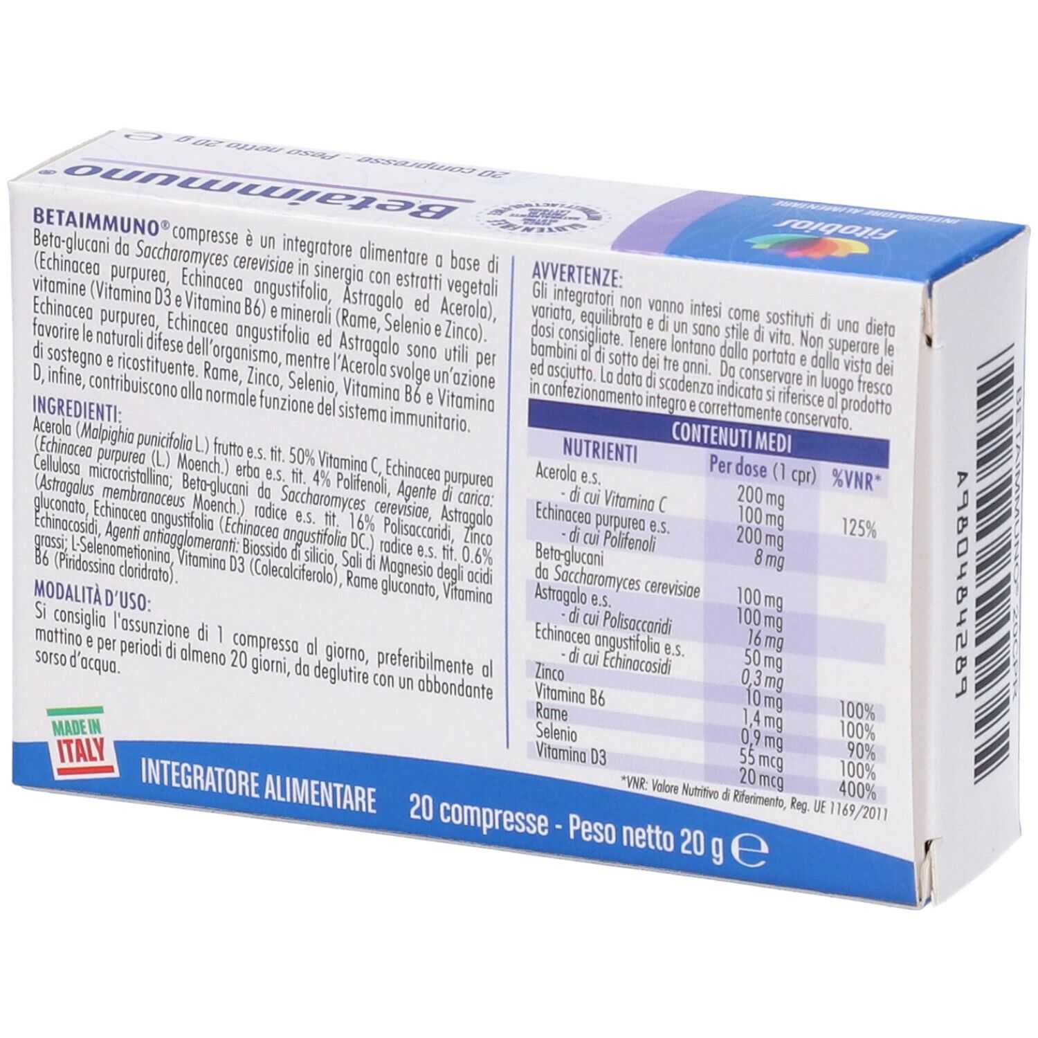 Retro della scatola Betaimmuno. Contiene ingredienti, informazioni nutrizionali e istruzioni per l'uso.