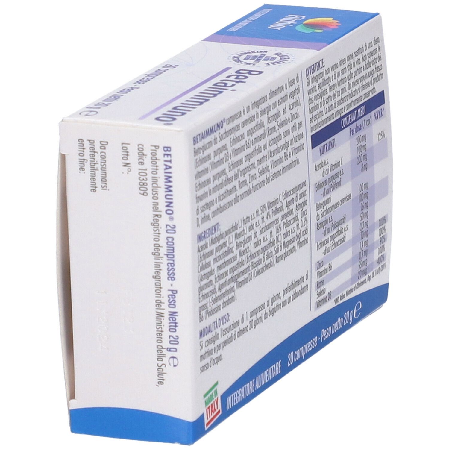 Scatola Betaimmuno, vista obliqua. Contiene ingredienti, informazioni nutrizionali e istruzioni per l'uso.