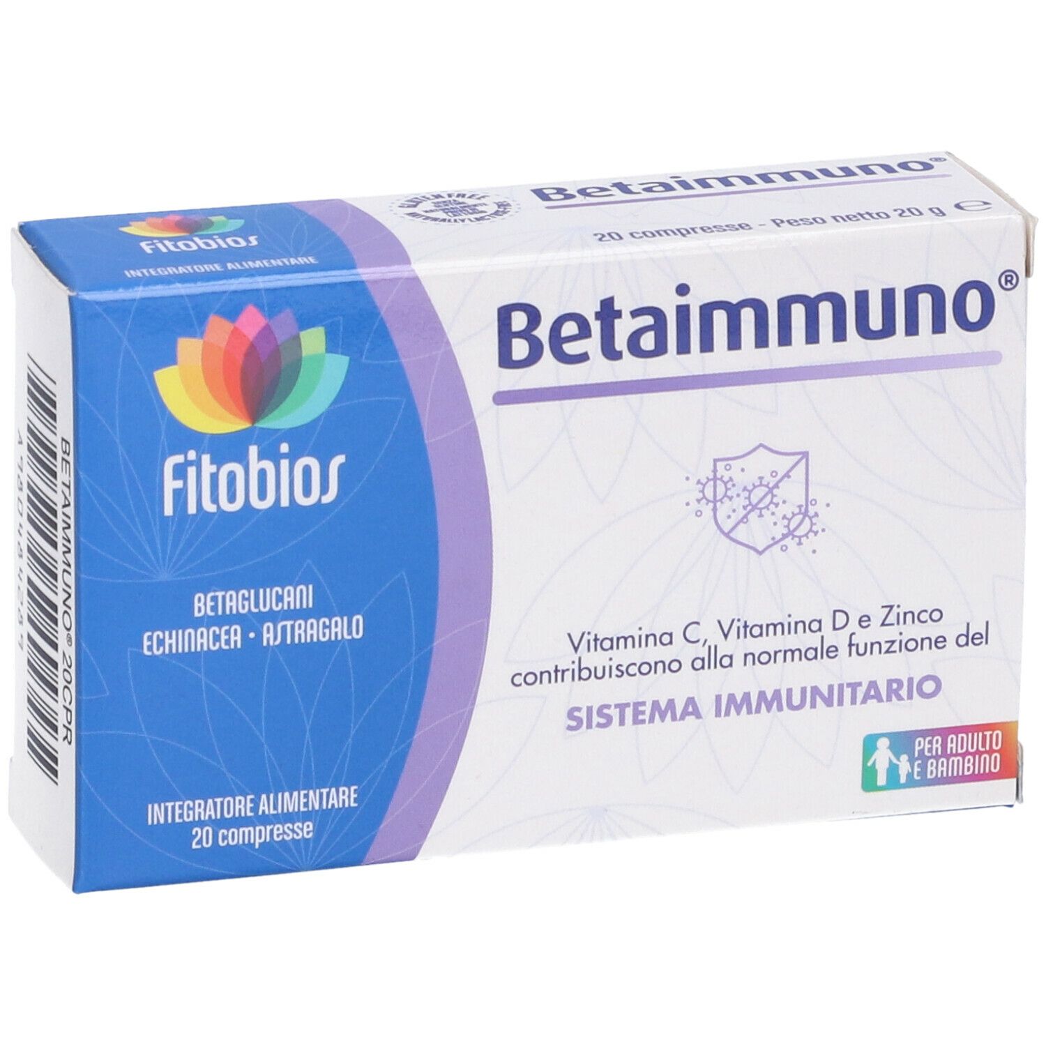 Scatola Betaimmuno. Scritte: Betaimmuno, FitoBios, 20 compresse. Contiene vitamina C, D, zinco. Per adulti e bambini.