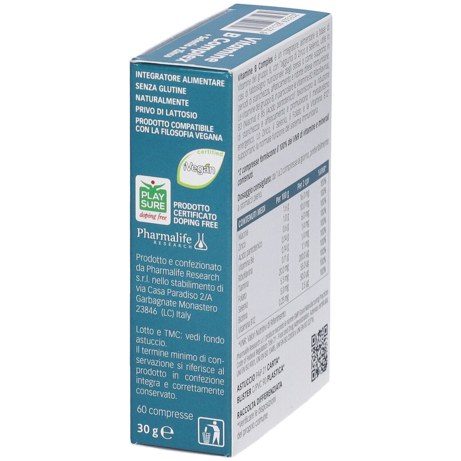 Scatola con informazioni su 'Vitamina B Complex + Selenio e Zinco'. Contiene certificazioni. Testo in italiano. Marchio: Pharmalife.