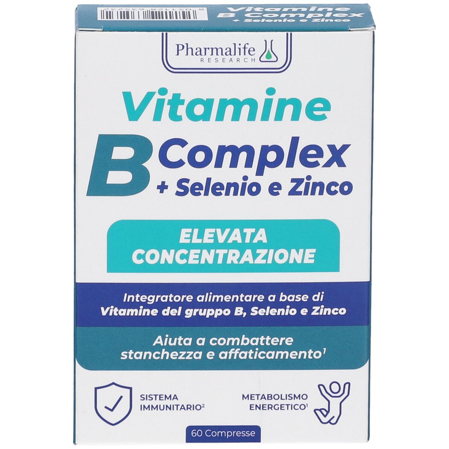 Fronte della scatola 'Vitamina B Complex + Selenio e Zinco'. Contiene 60 compresse. Marchio: Pharmalife Research. Testo in italiano.