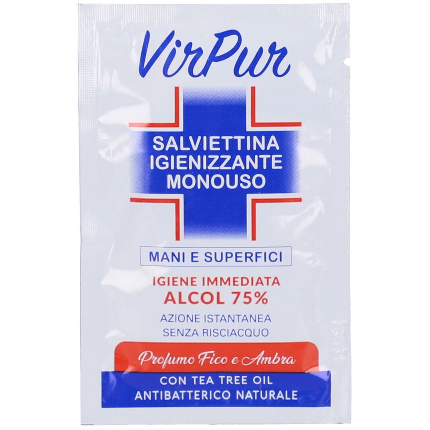 Singolo pacchetto bianco. Scritta: VirPur, Salviettina Monouso Igienizzante. Testo: Mani e superfici, alcool 75%.