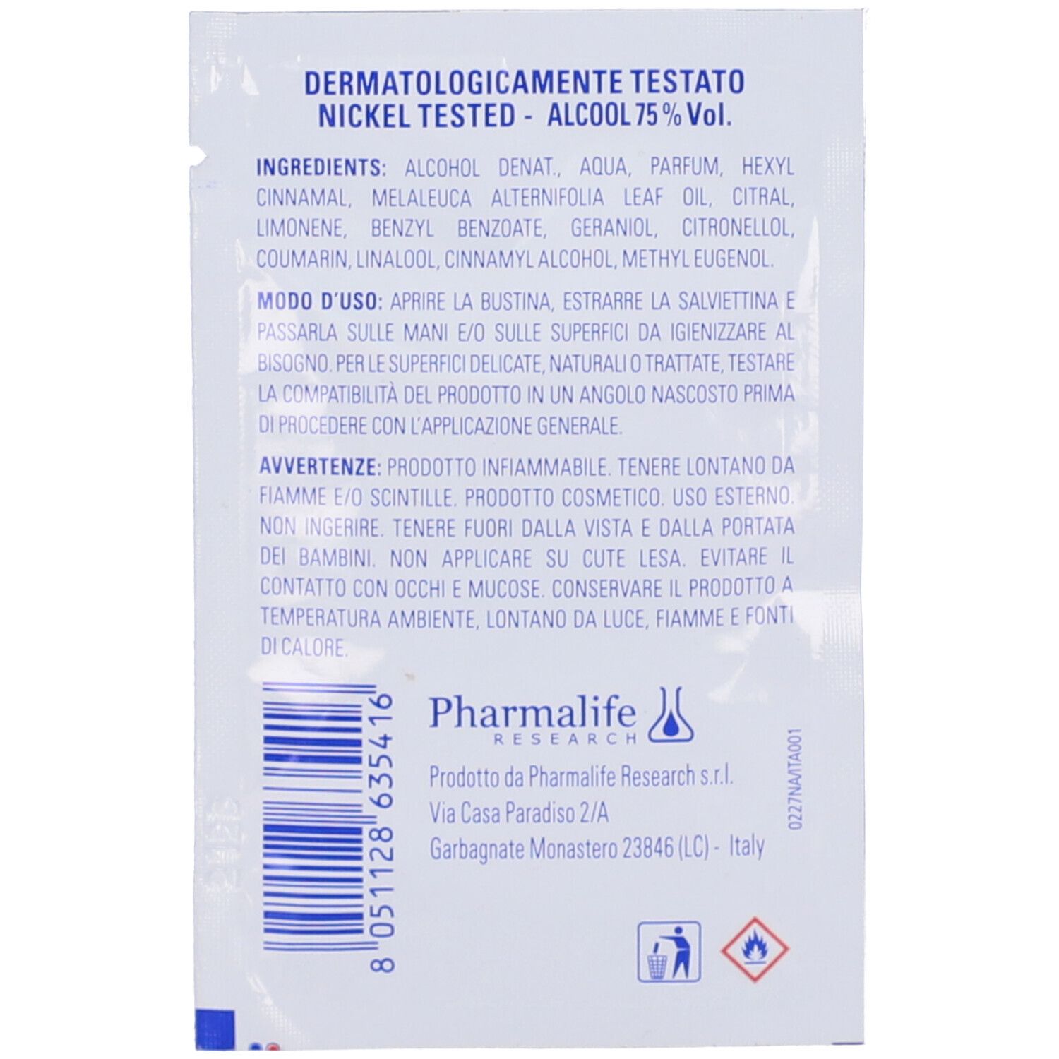 Retro di un pacchetto bianco. Testo: Dermatologicamente testato, alcool 75%. Ingredienti e istruzioni per l'uso. Marchio: Pharmalife Research.