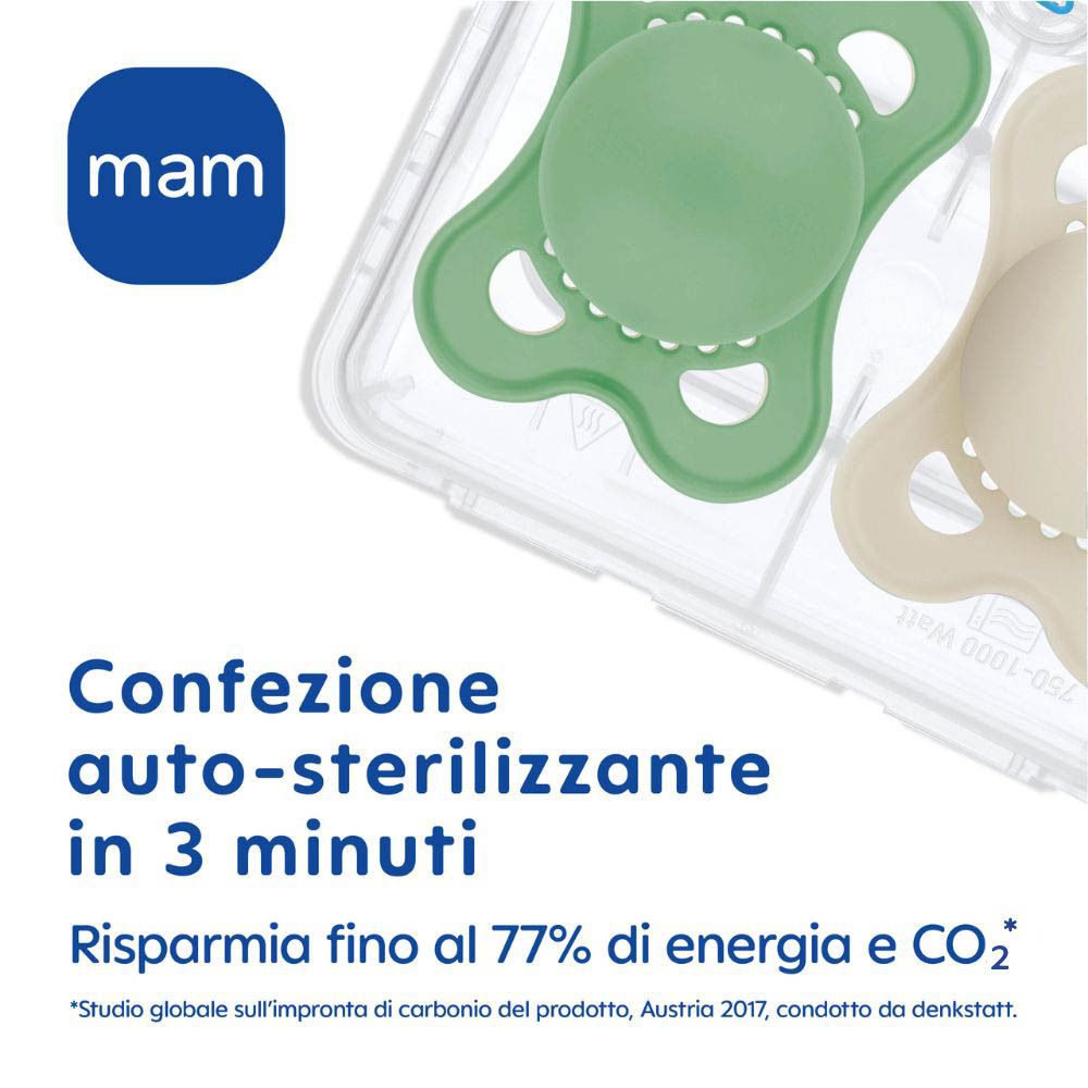 Confezione auto-sterilizzante con due succhietti, uno verde e uno beige.
