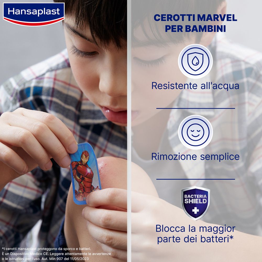 Hansaplast Cerotti Marvel, Cerotti bambini impermeabili e delicati, 20 pezzi in 2 formati - risparmia il 10% con il codice: NI10