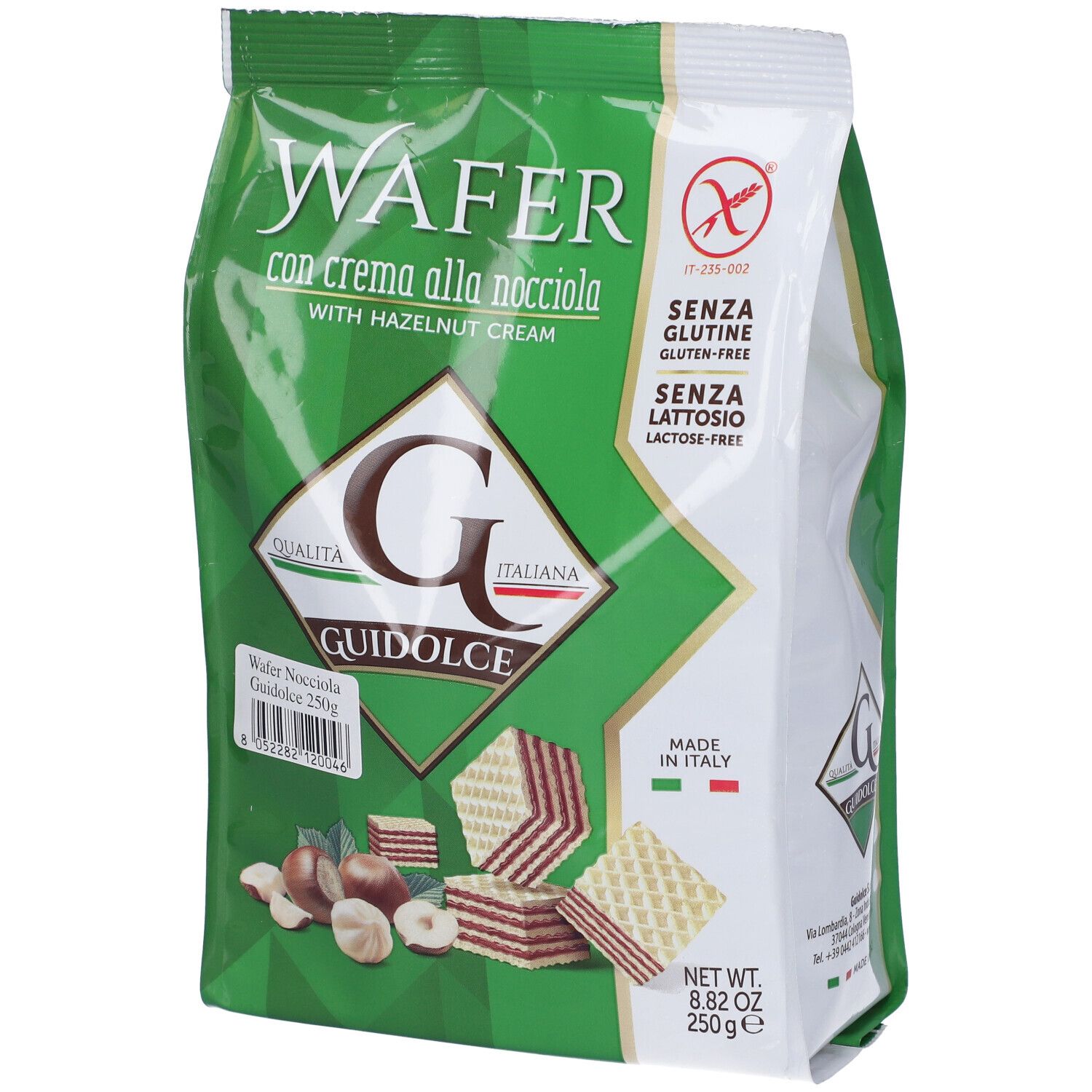 Confezione verde di wafer alla crema di nocciole. Senza glutine e lattosio. Marchio Guidolce.