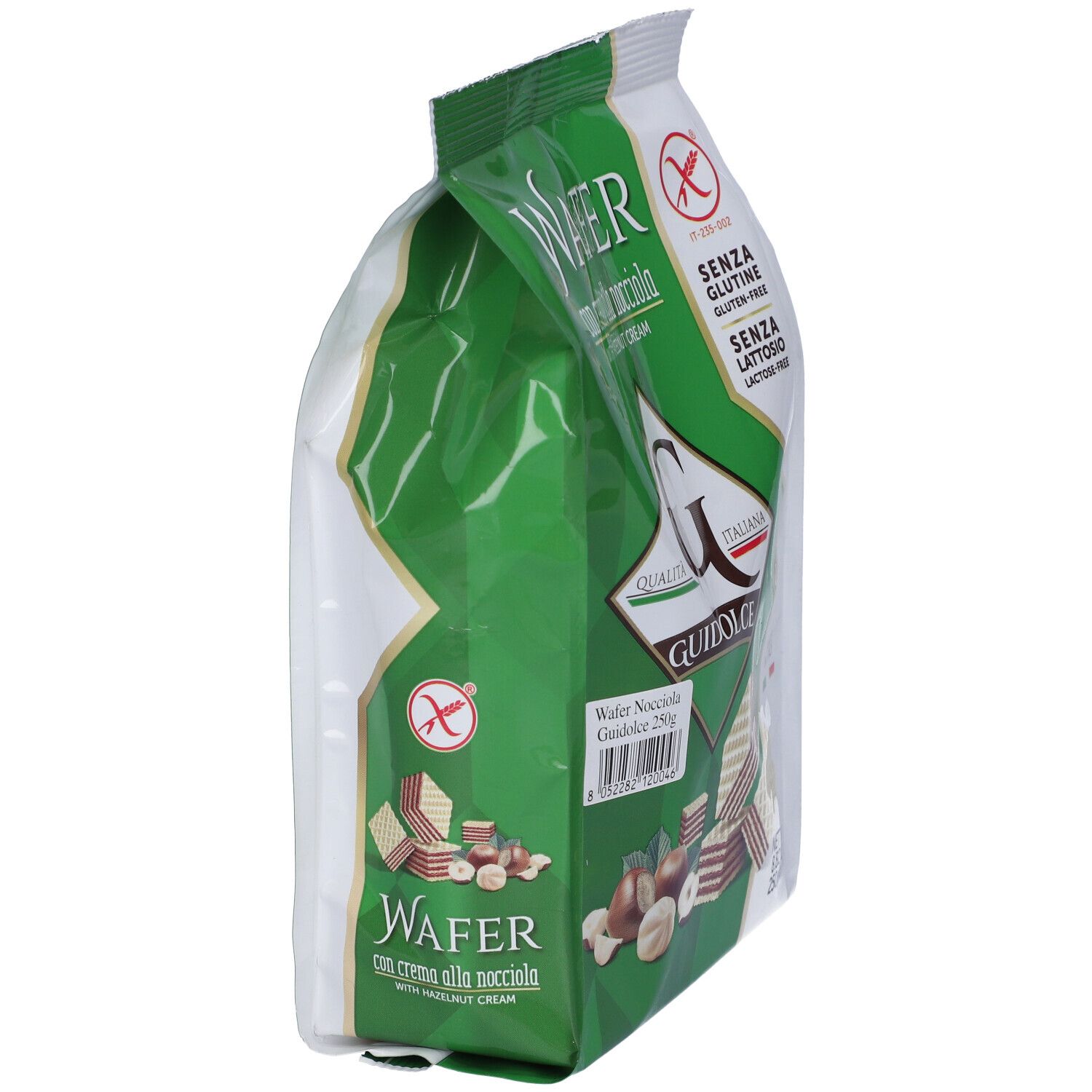 Confezione verde e bianca di wafer. Senza glutine e lattosio. Marchio Guidolce. Vista laterale.