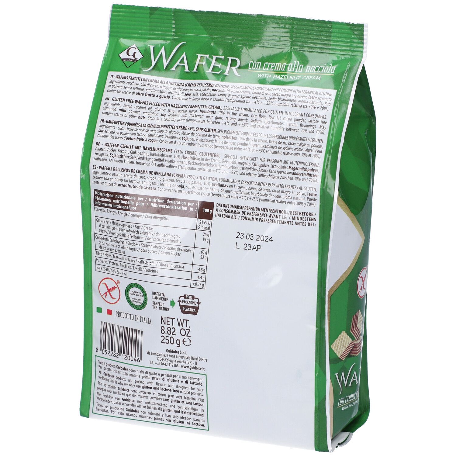 Retro della confezione di wafer. Contiene informazioni nutrizionali. Senza glutine e lattosio.