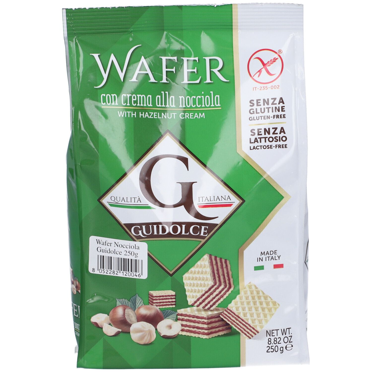 Confezione verde di wafer alla crema di nocciole. Senza glutine e lattosio. Marchio Guidolce.