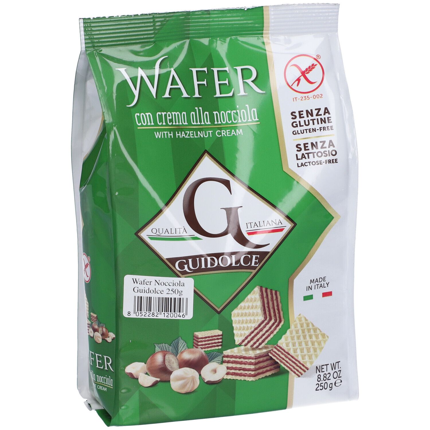 Confezione verde di wafer alla crema di nocciole. Senza glutine e lattosio. Marchio Guidolce.