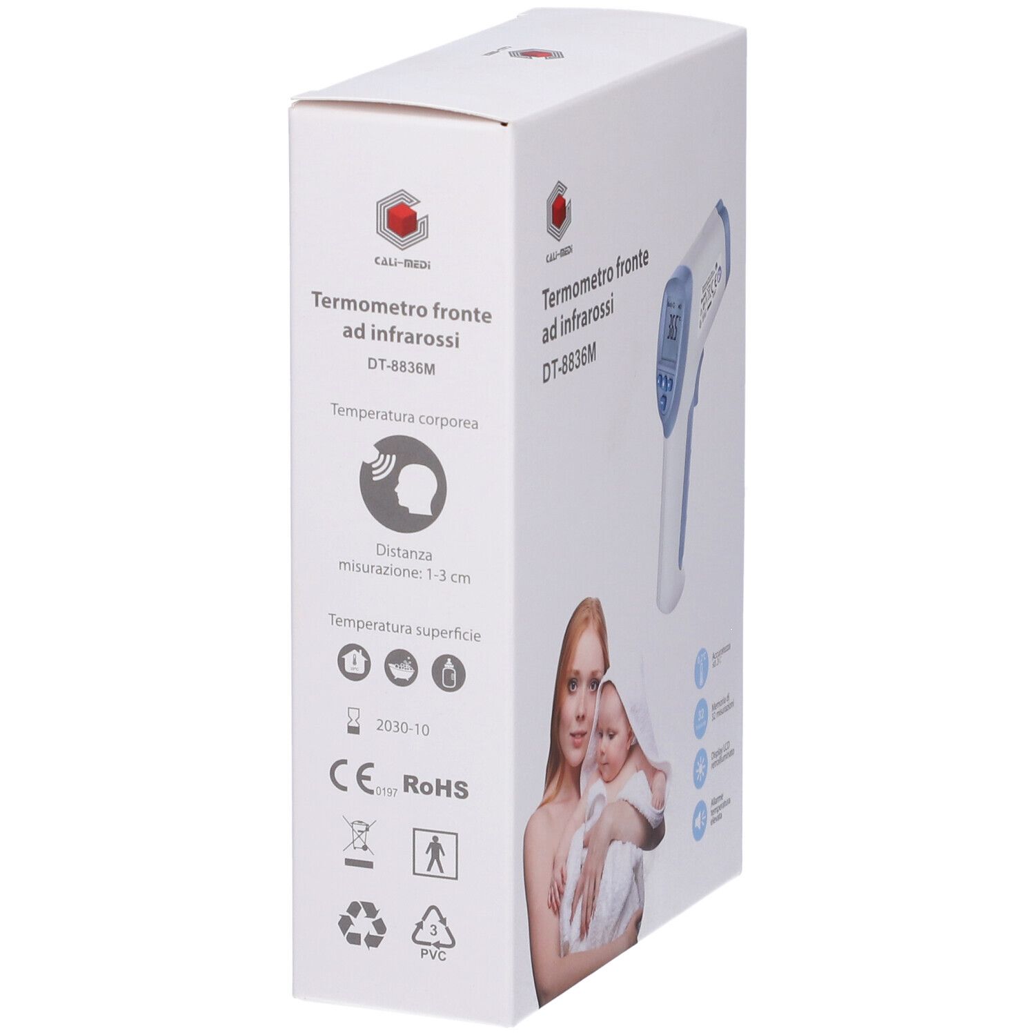 Lato confezione. Scritta: Termometro fronte ad infrarossi DT-8836M. Marchio CE, simboli riciclo.