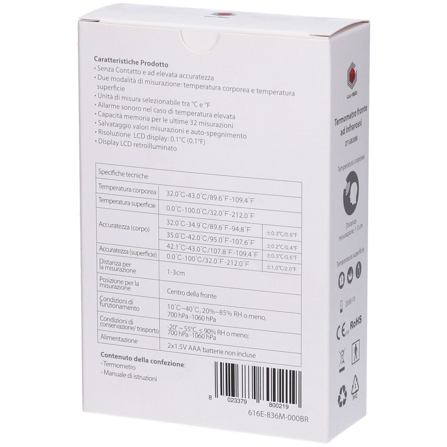 Retro confezione. Dati tecnici, specifiche, contenuto. Marchio CE.