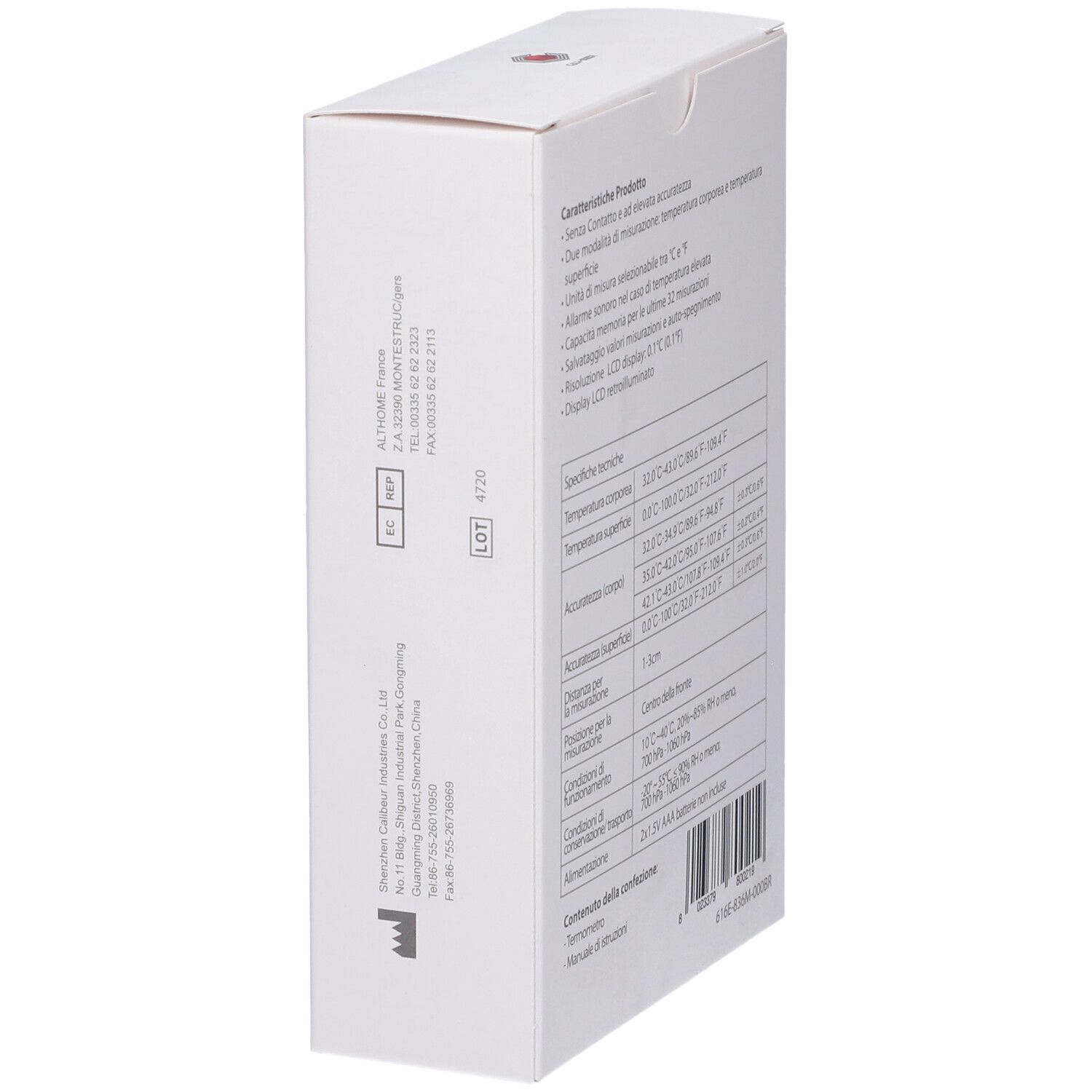 Lato confezione. Testo e informazioni tecniche. Marchio CE.