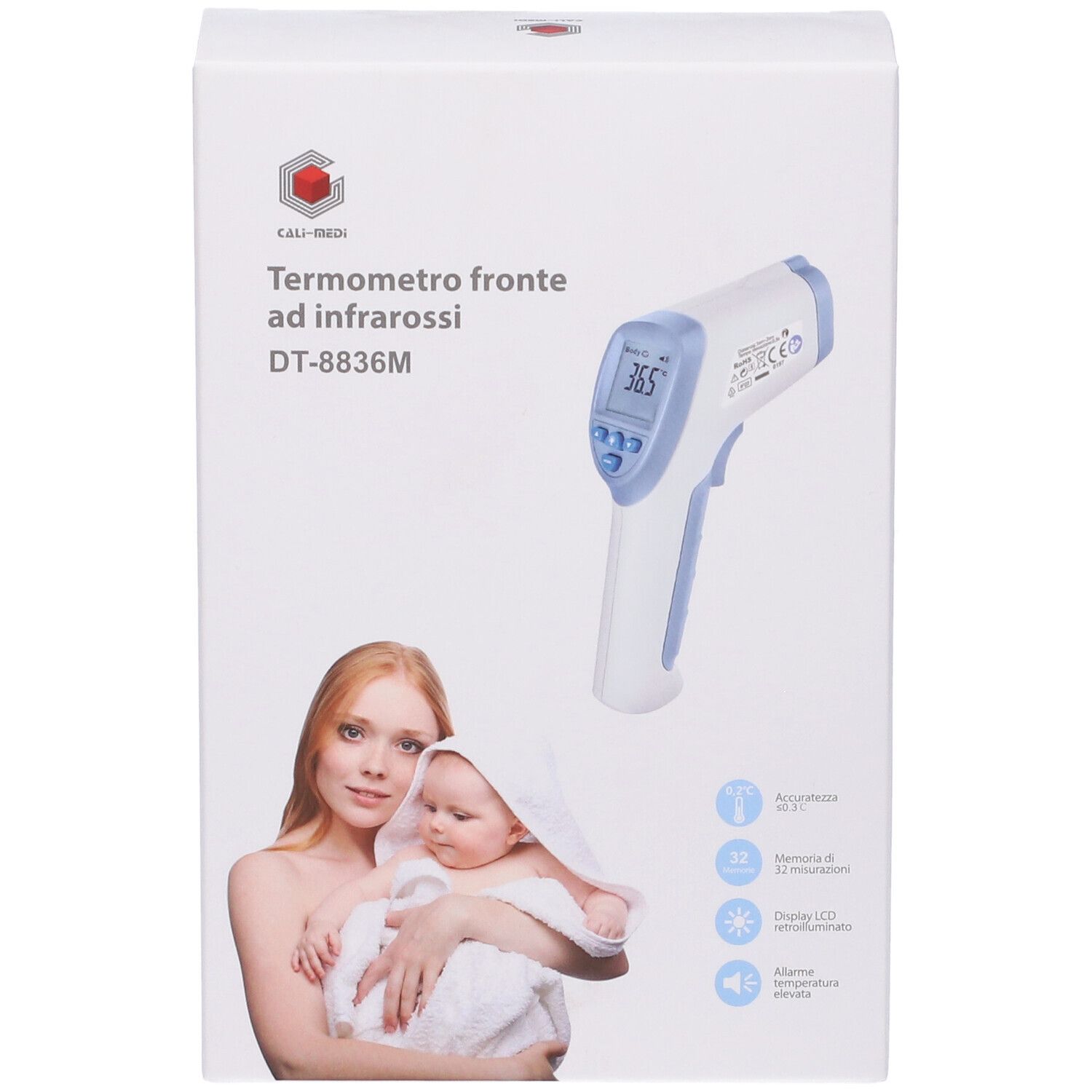 Confezione termometro frontale a infrarossi. Scritta: Termometro fronte ad infrarossi DT-8836M. Donna con bambino.