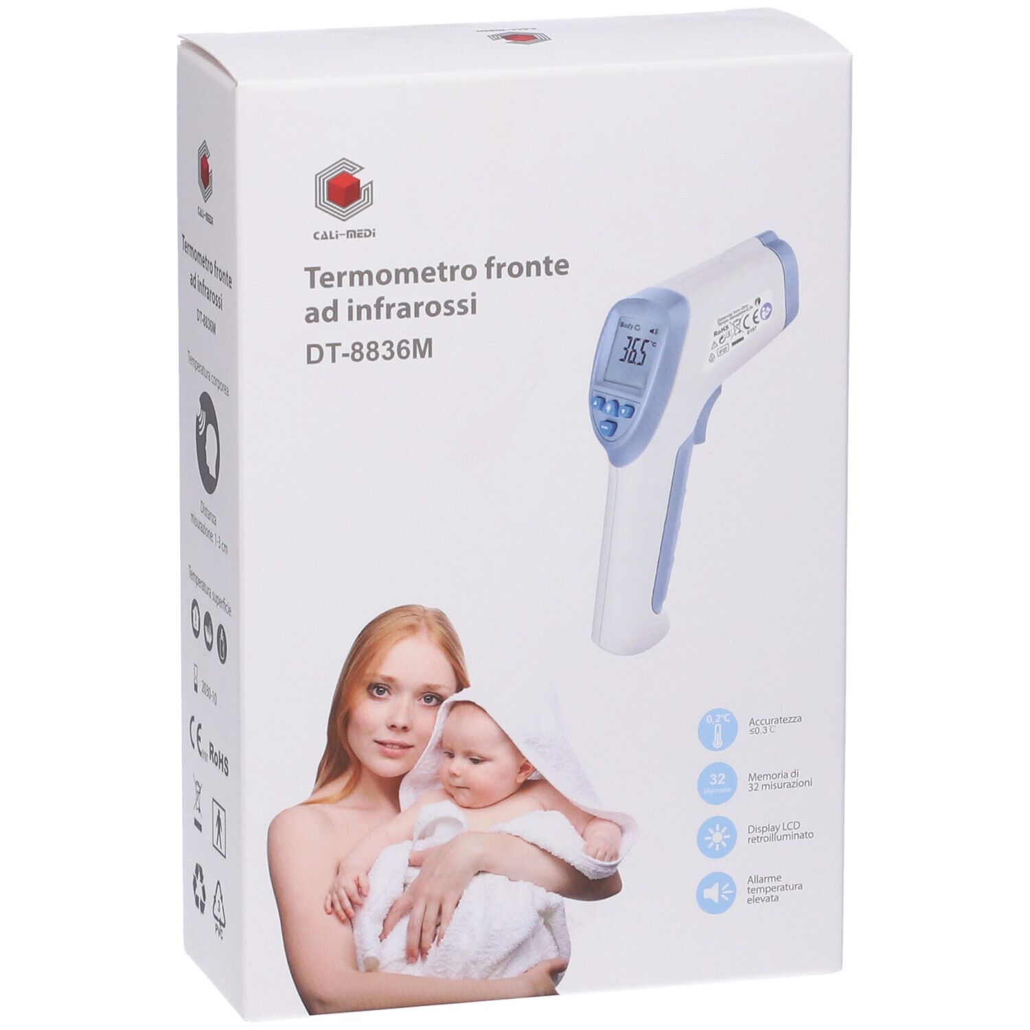 Confezione termometro frontale a infrarossi. Scritta: Termometro fronte ad infrarossi DT-8836M. Donna con bambino.