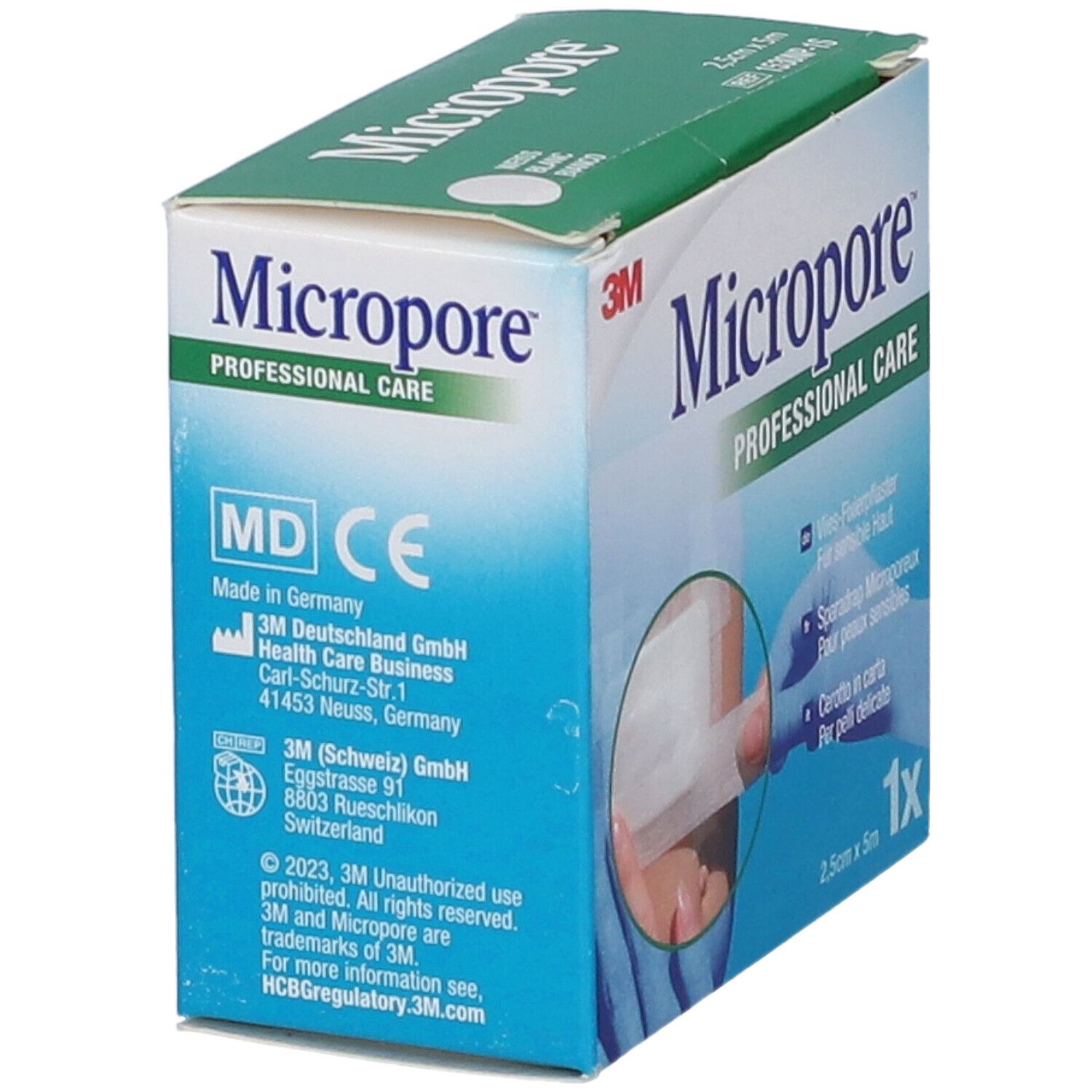 Scatola Micropore Professional Care. Dispositivo medico. 2,5cm x 5m. Informazioni produttore e marchio CE.