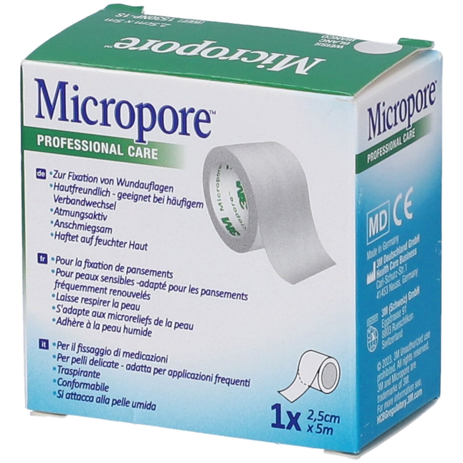 Scatola Micropore Professional Care. Rotolo di cerotto. 2,5cm x 5m. Caratteristiche in tedesco, francese e italiano.