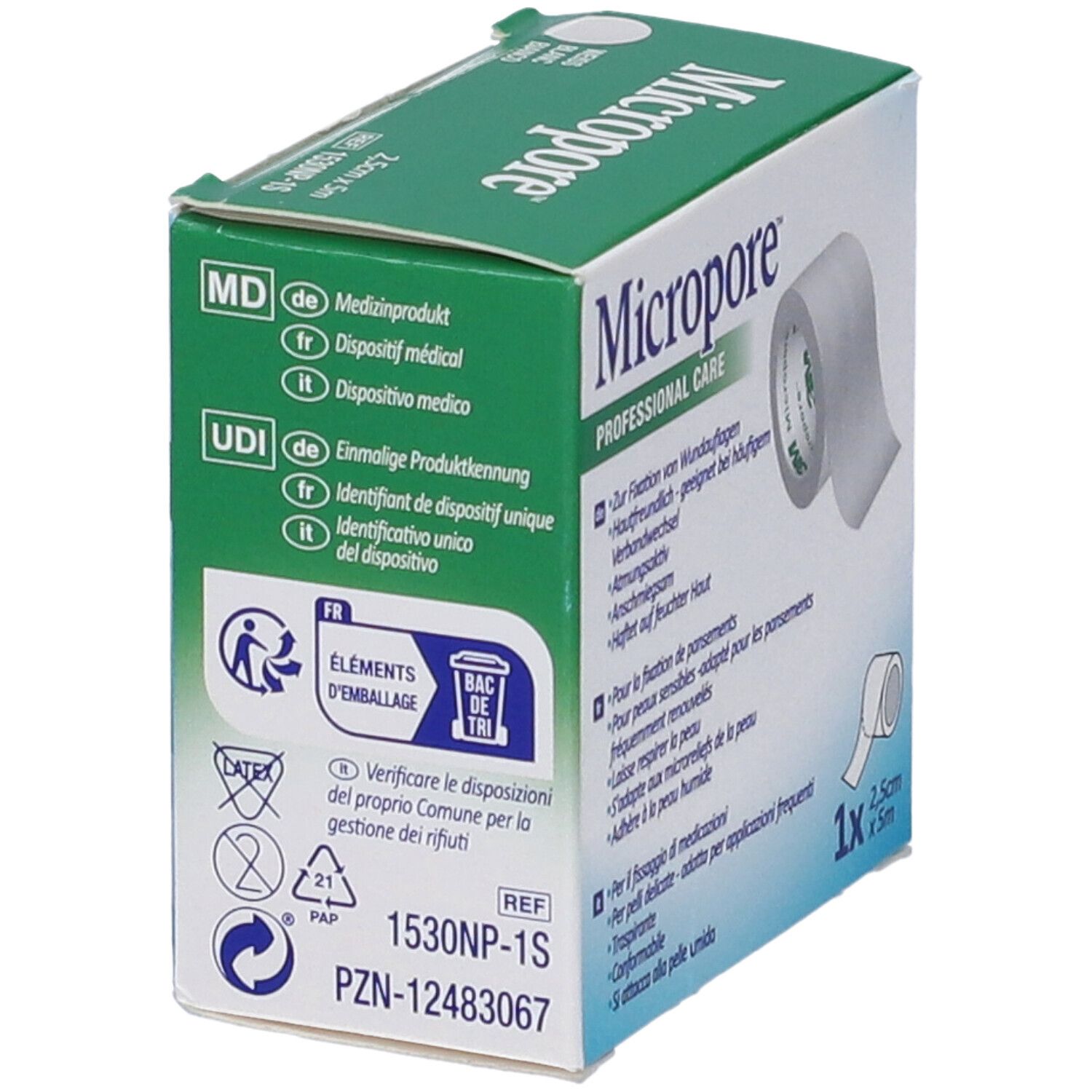Retro della scatola Micropore Professional Care. Dispositivo medico. Identificativo UDI. 2,5cm x 5m.
