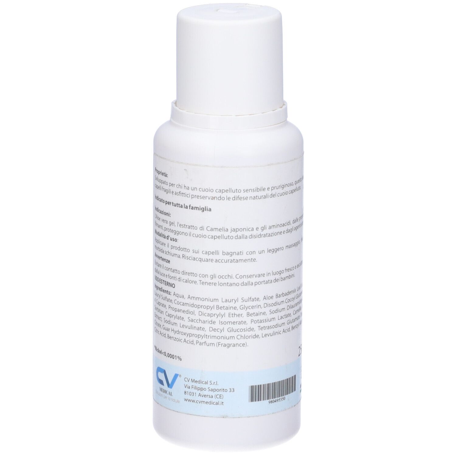 Retro di un flacone di shampoo bianco. Testo: proprietà, istruzioni per l'uso. Logo CV Medical.