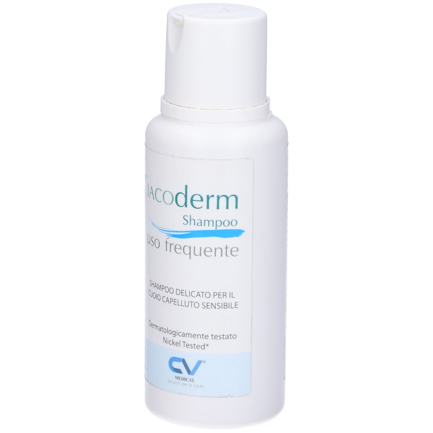 Flacone di shampoo bianco con etichetta blu. Scritta: Iacoderm, Shampoo, uso frequente. Dermatologicamente testato.