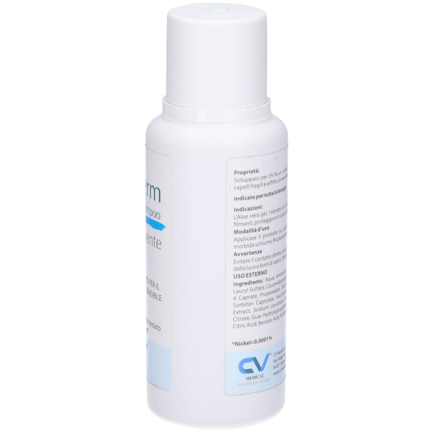 Retro di un flacone di shampoo bianco. Testo: proprietà, istruzioni per l'uso. Logo CV Medical.