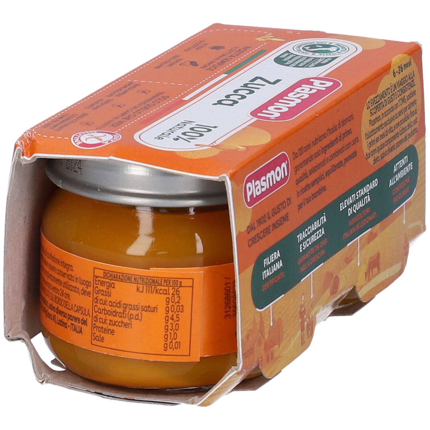 Vasetto Plasmon Zucca in confezione. Informazioni nutrizionali sull'etichetta. Testo in italiano. Sfondo arancione.