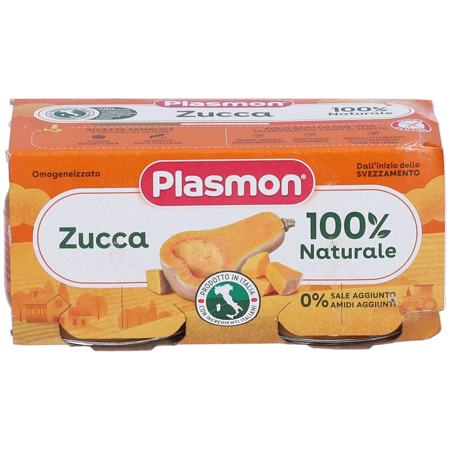 Confezione con due vasetti Plasmon Zucca. Confezione arancione con nome prodotto e illustrazione zucca. 100% naturale.