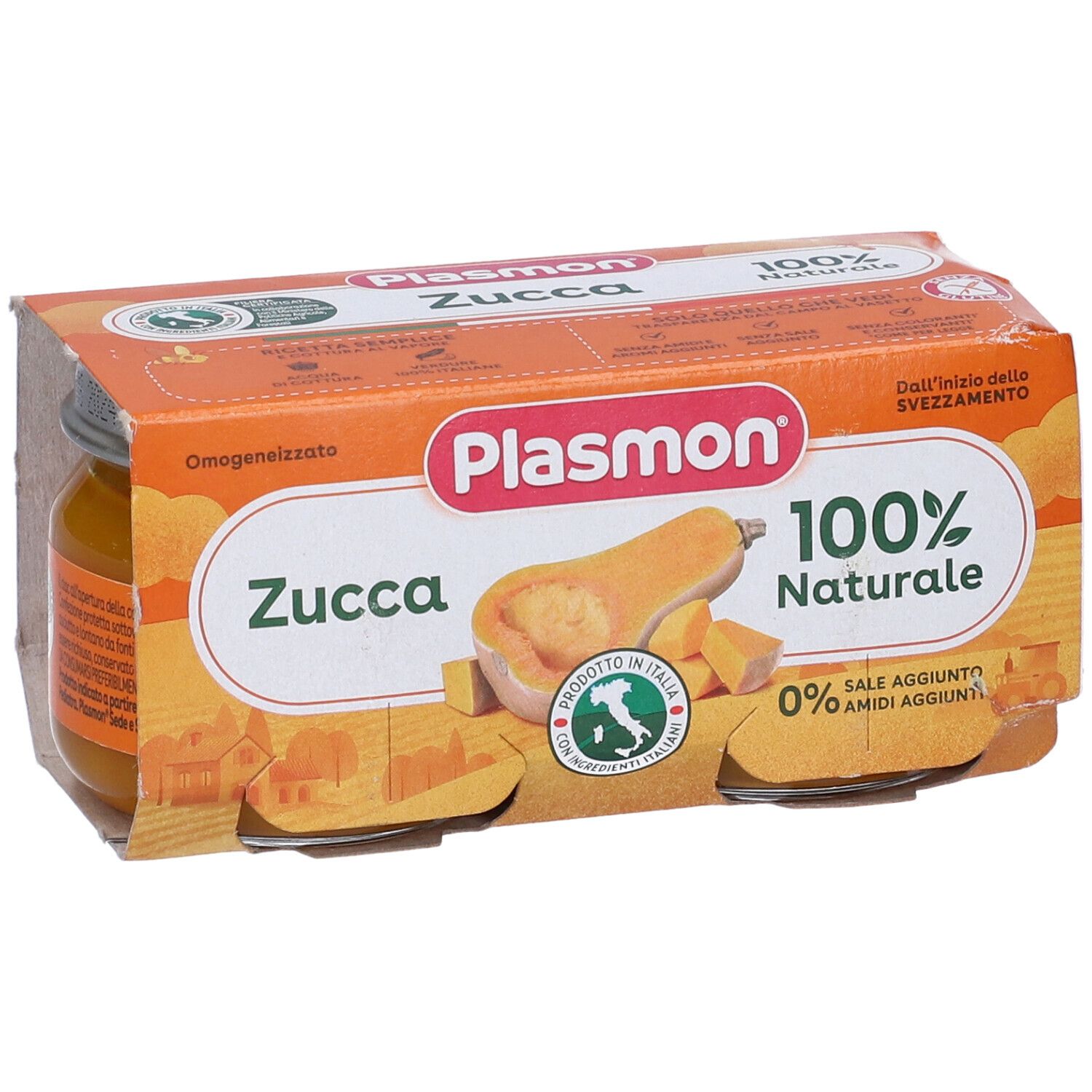 Confezione con due vasetti Plasmon Zucca. Confezione arancione con nome prodotto e illustrazione zucca. 100% naturale.