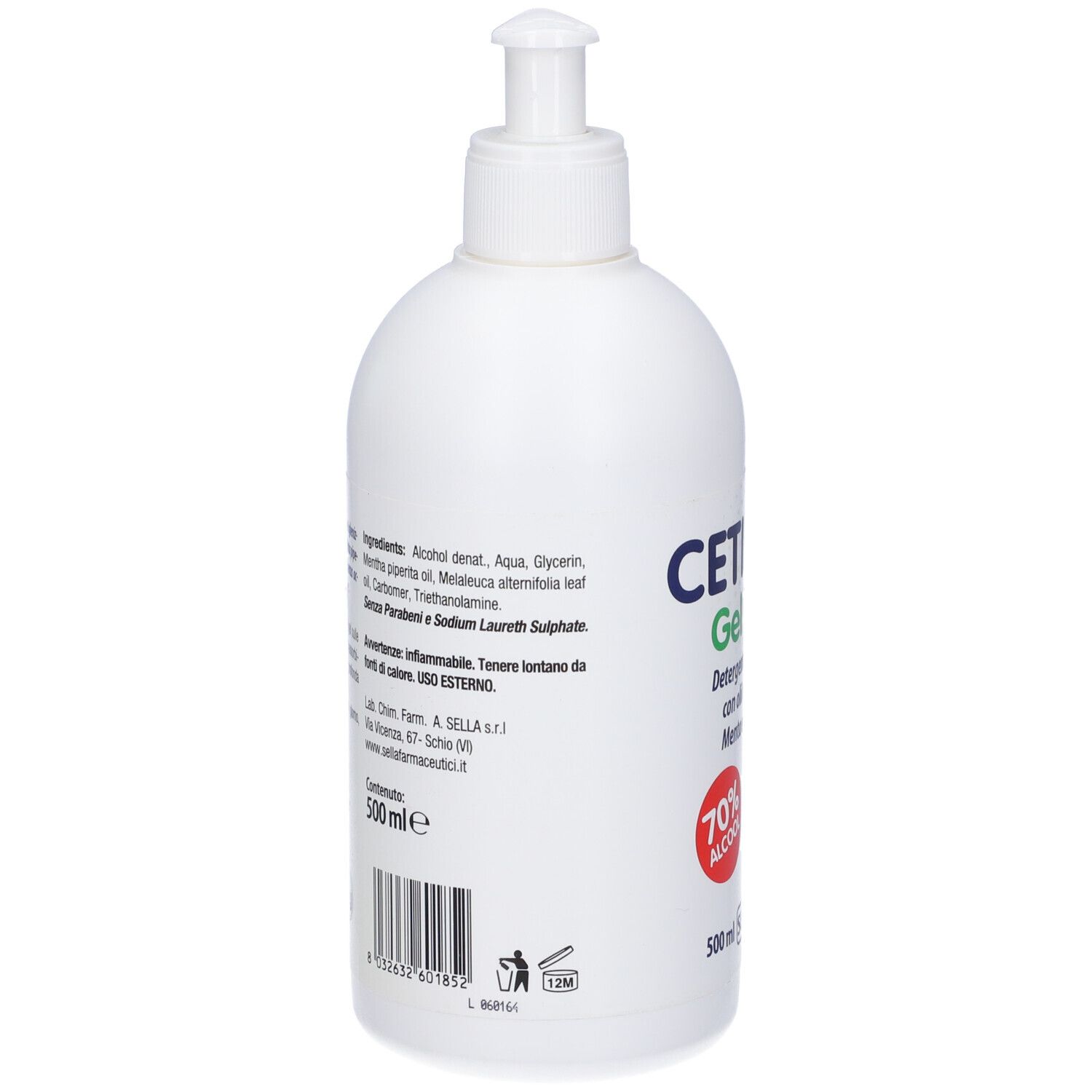 Flacone bianco con dosatore. Retro con ingredienti e avvertenze. Scritta: 500 ml.