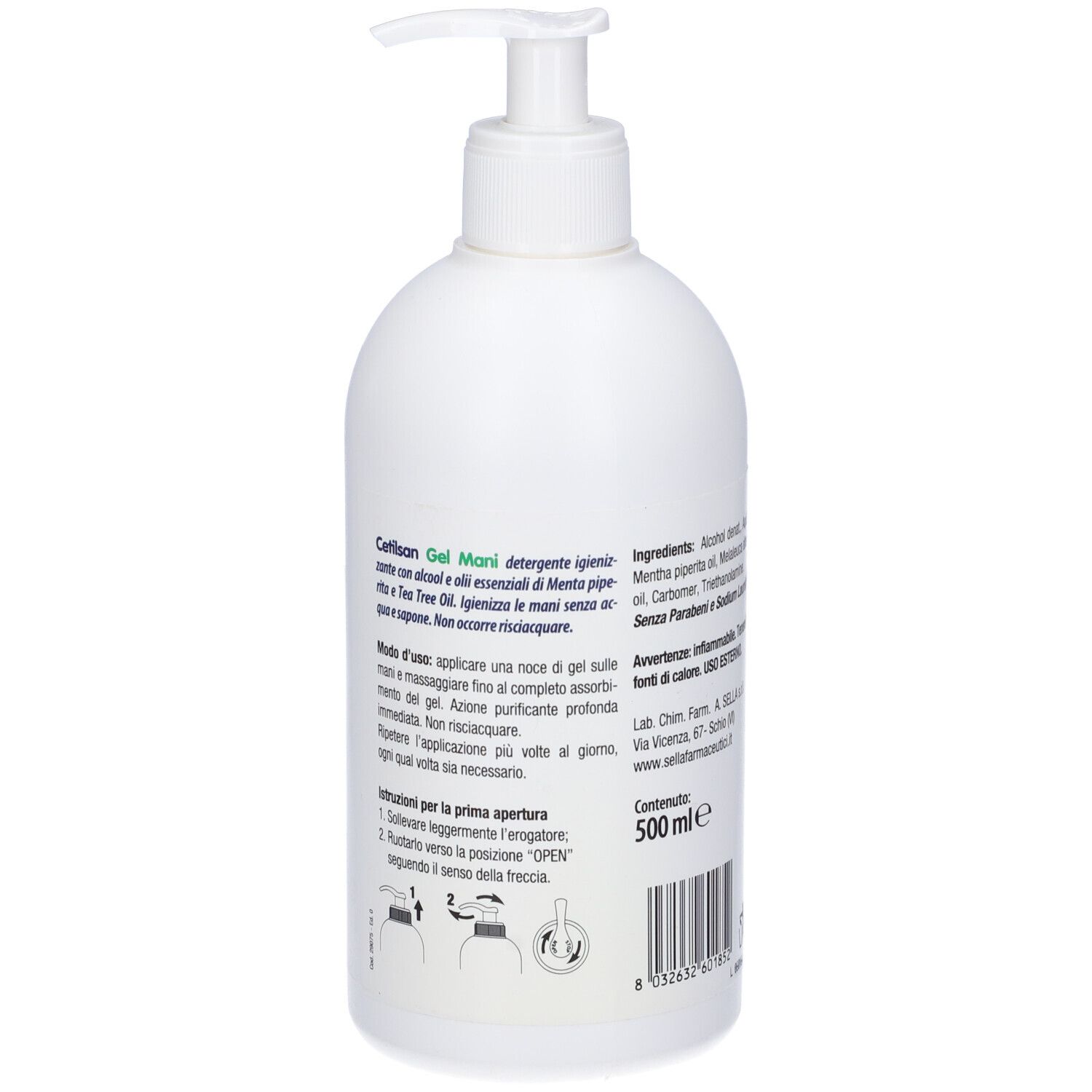 Flacone bianco con dosatore. Retro con istruzioni per l'uso. Scritta: 500 ml.