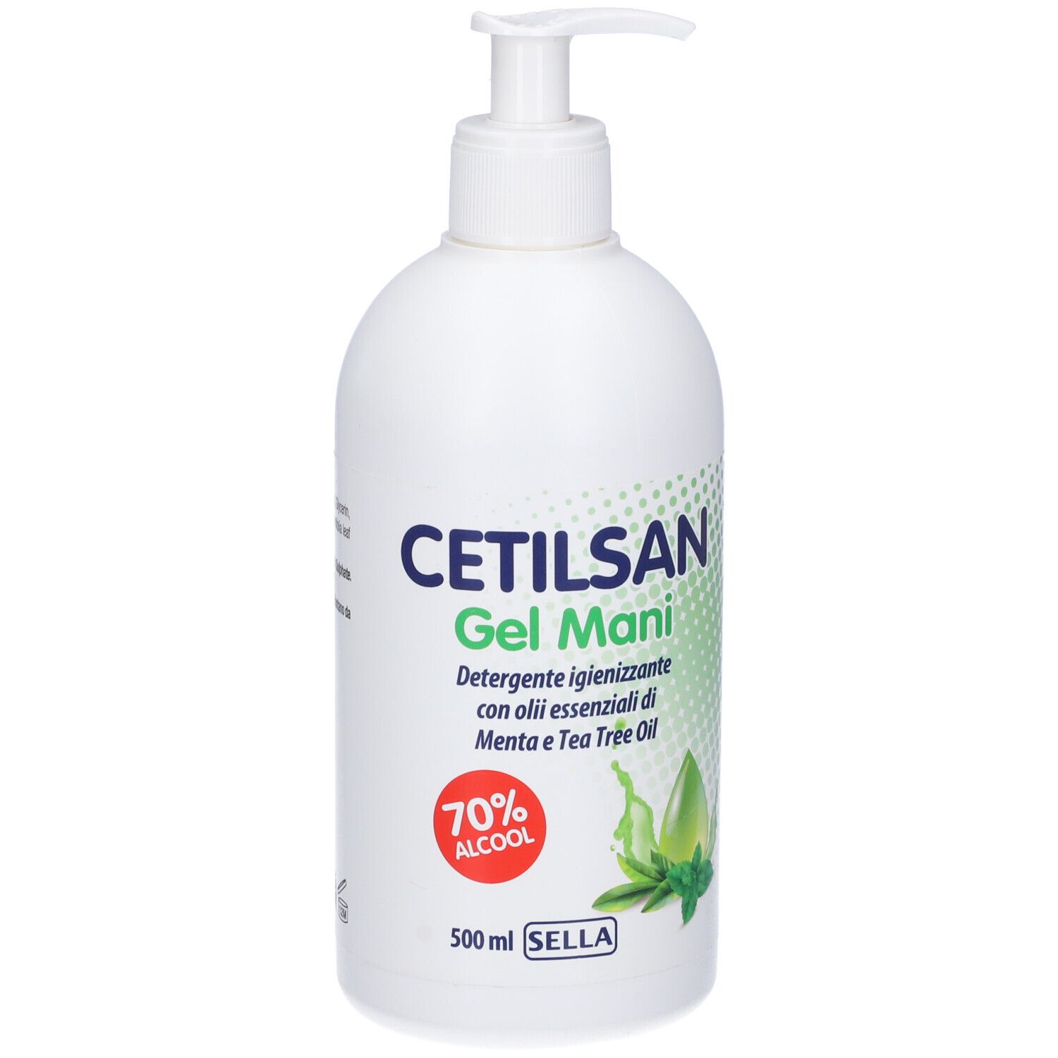 Flacone bianco con dosatore. Scritta: Cetilsan Gel Mani, 70% Alcool, 500 ml. Immagine di menta e olio di tea tree.