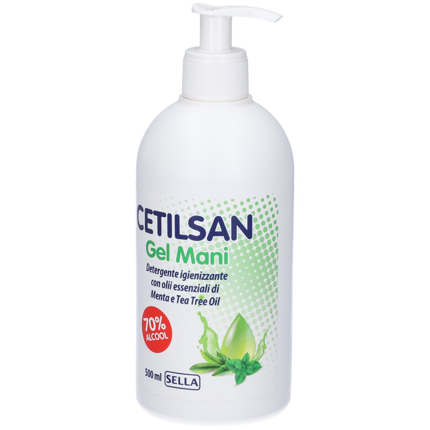 Flacone bianco con dosatore. Scritta: Cetilsan Gel Mani, 70% Alcool, 500 ml. Immagine di menta e olio di tea tree.