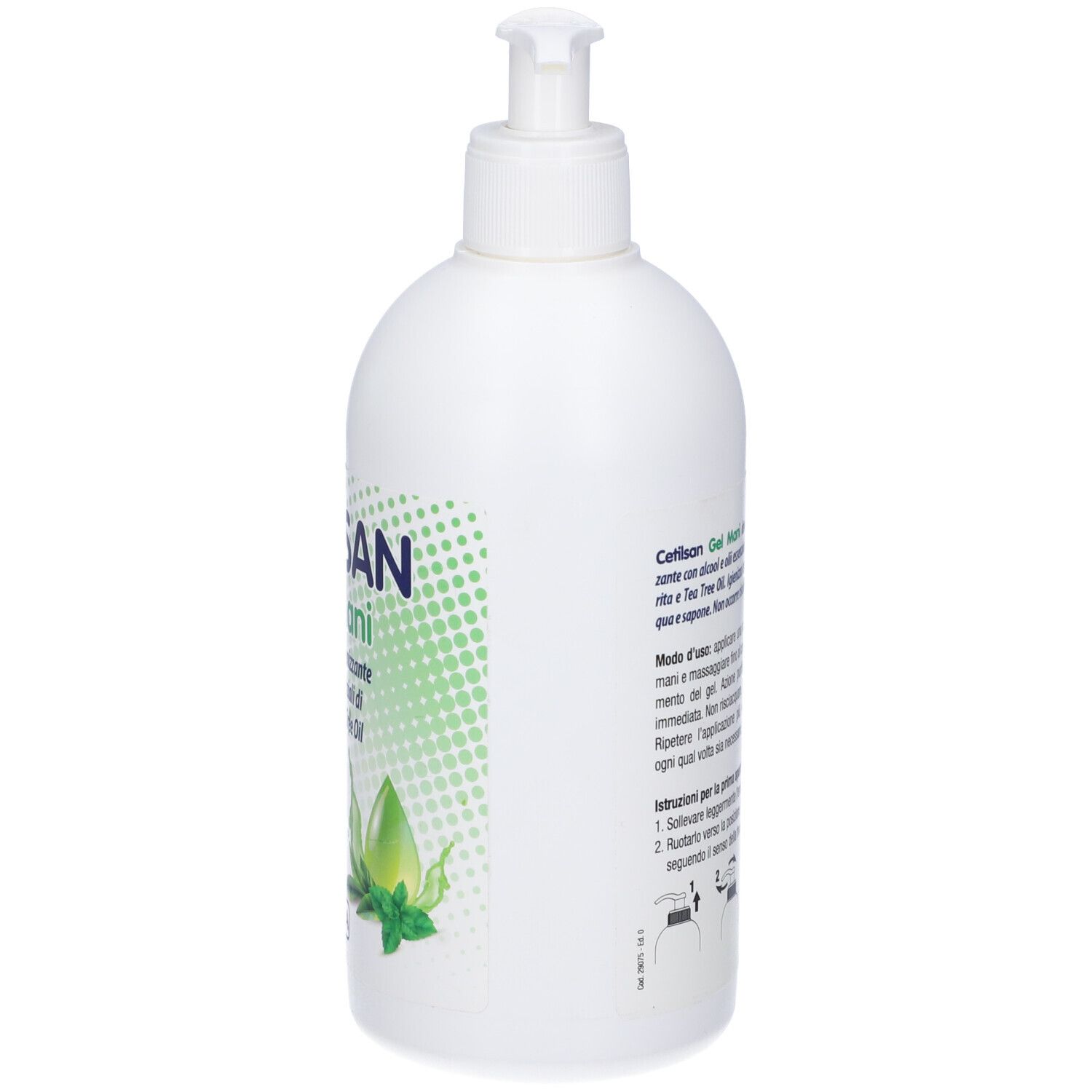 Flacone bianco con dosatore. Retro con istruzioni per l'uso. Scritta: 500 ml.