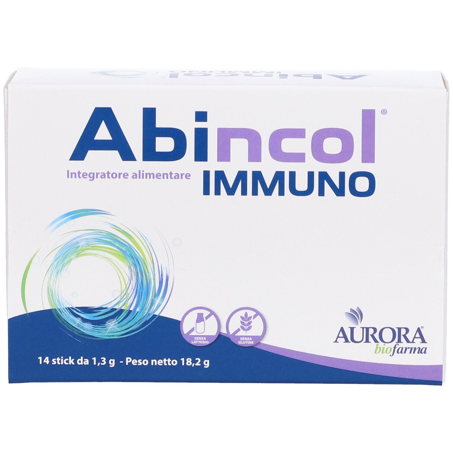 Scatola Abincol Immuno. Bianca, logo e testo blu. Contiene 14 stick. Logo Aurora Biofarma.