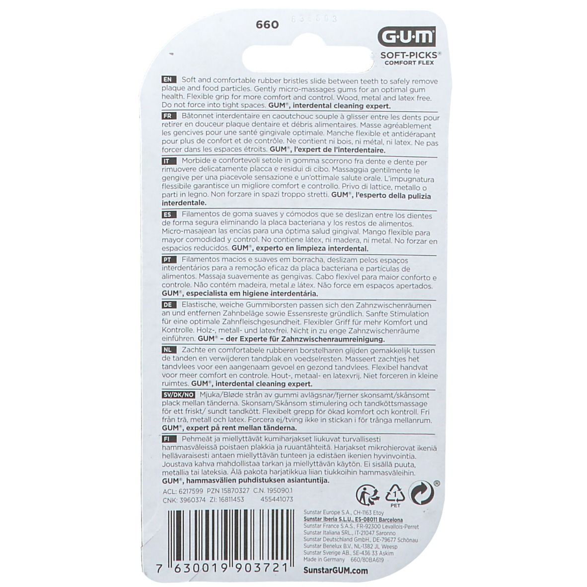 Retro della confezione GUM Soft-Picks Comfort Flex. Testo multilingue. Codice a barre e informazioni del produttore.